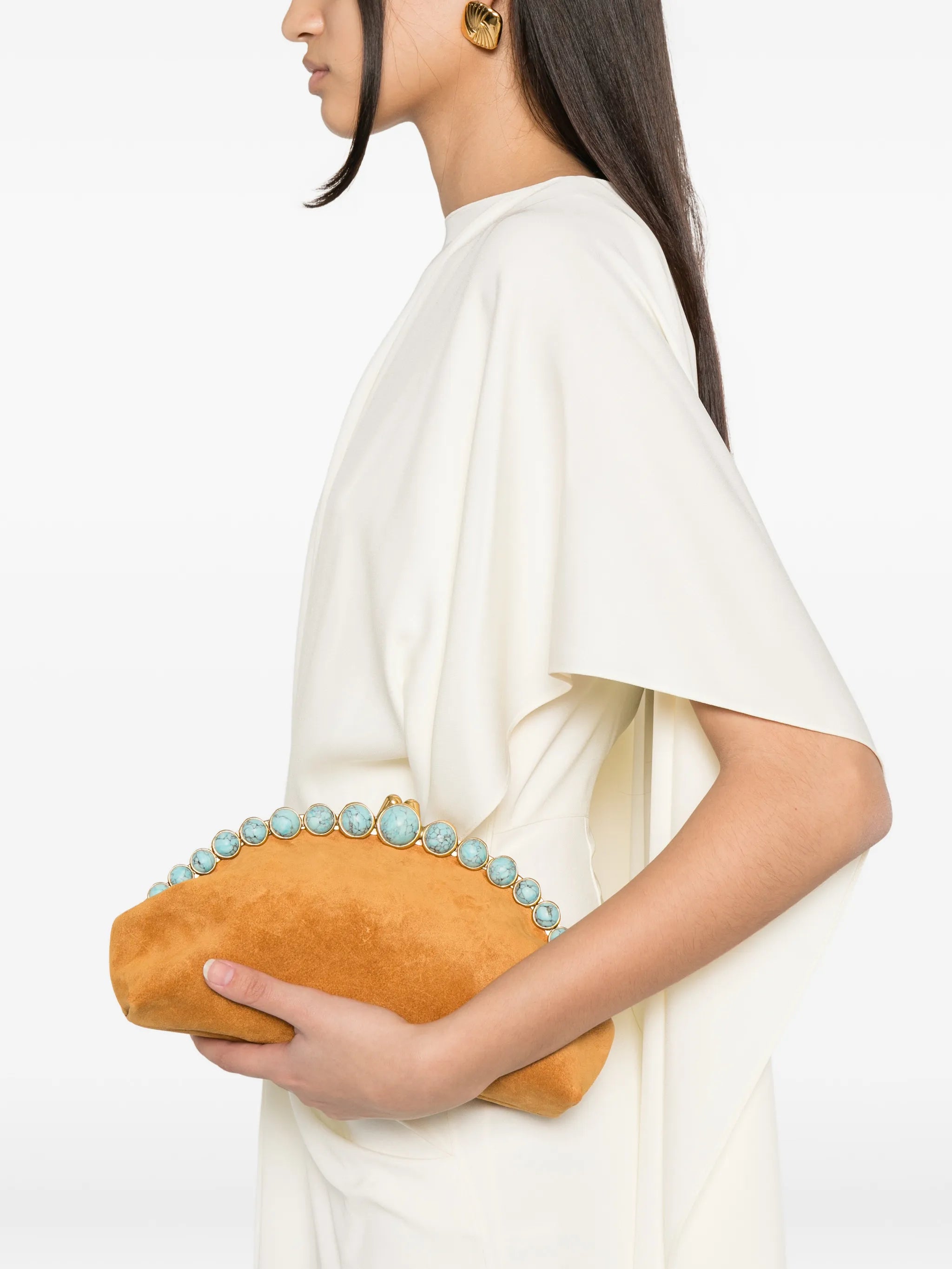 Una stone-embellished suede clutch bag