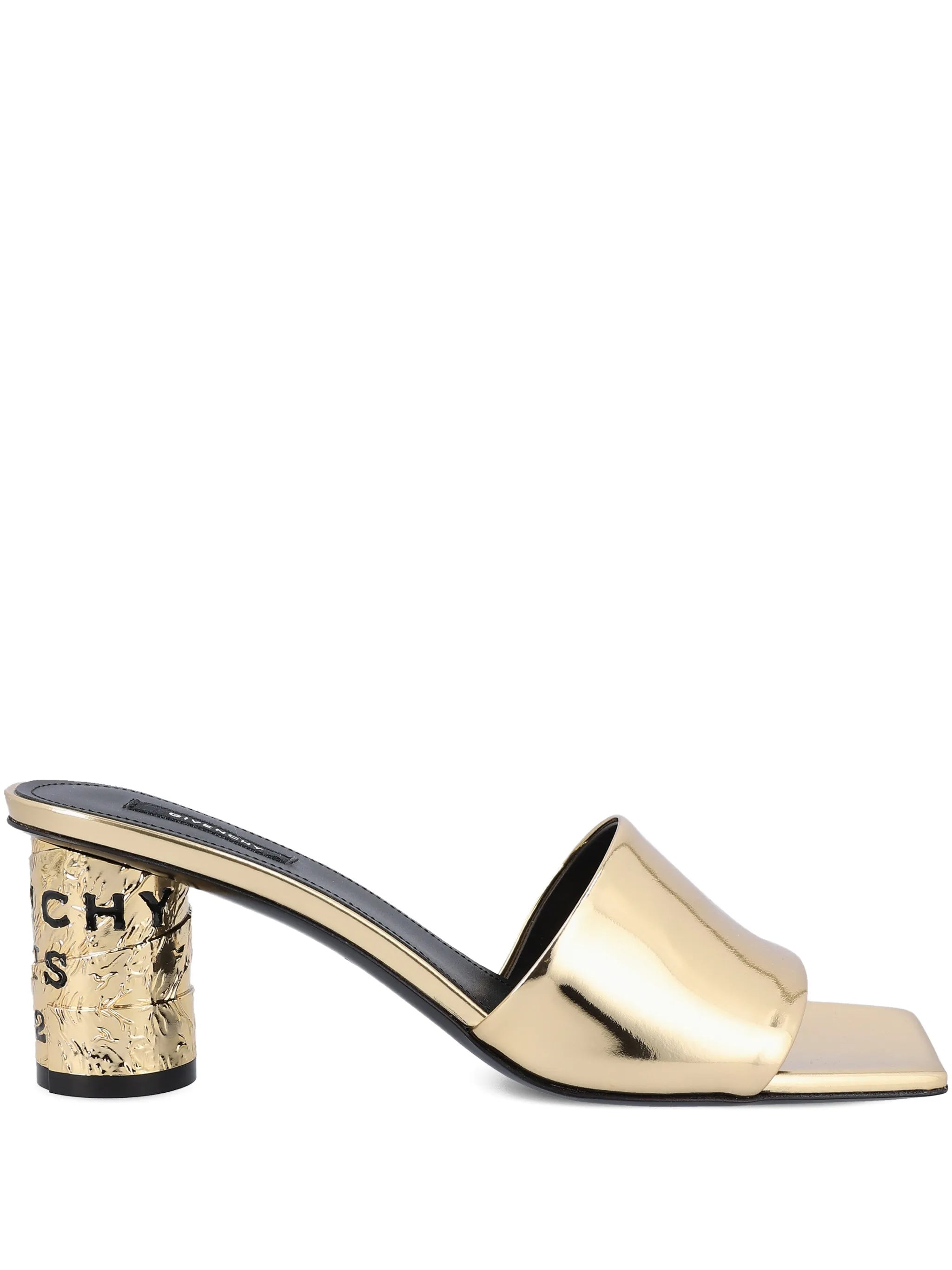 Tape heeled mules in mirror effect leather