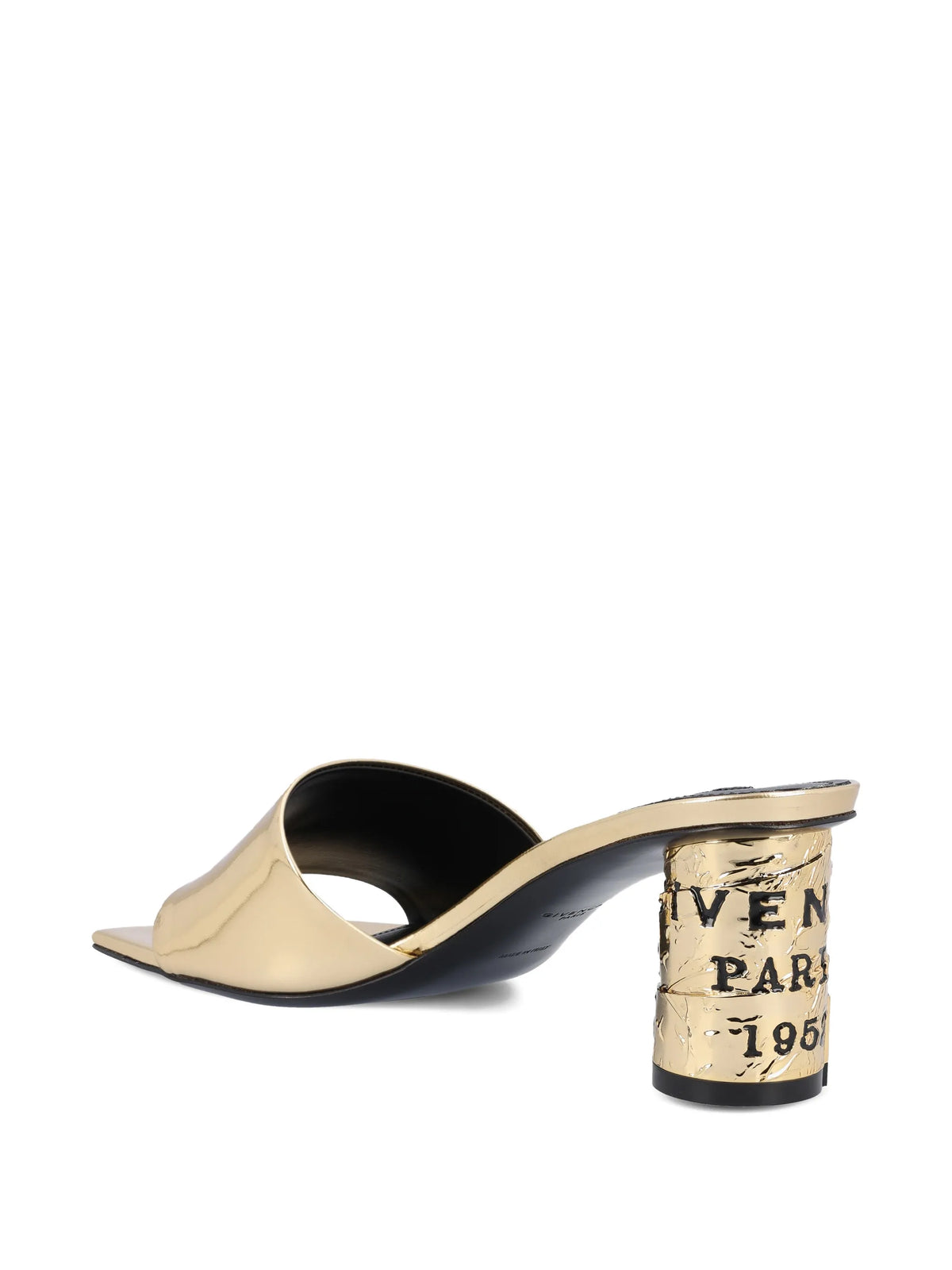 Tape heeled mules in mirror effect leather