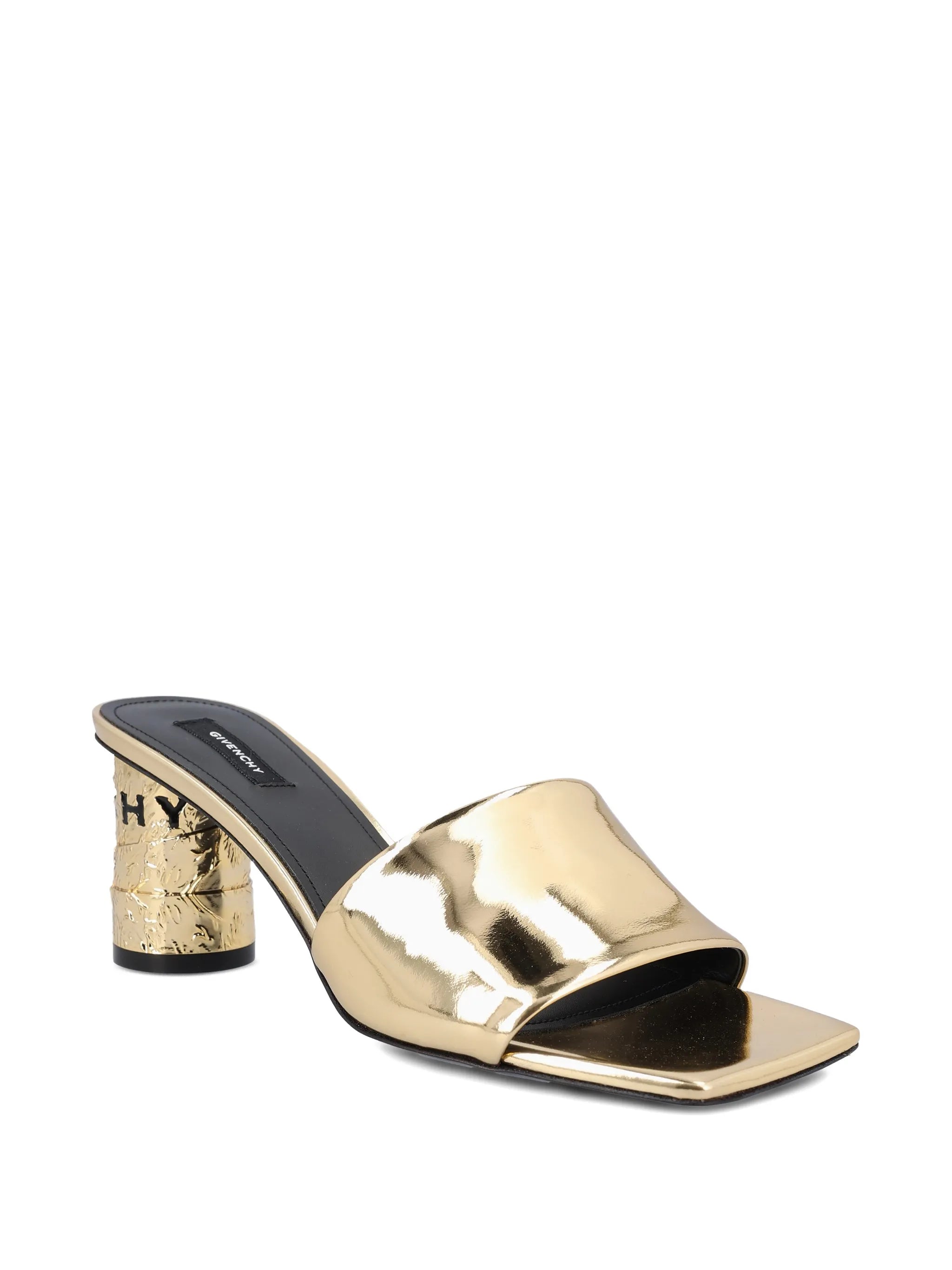 Tape heeled mules in mirror effect leather