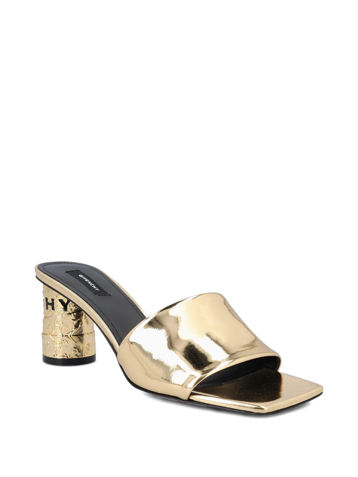 Tape heeled mules in mirror effect leather