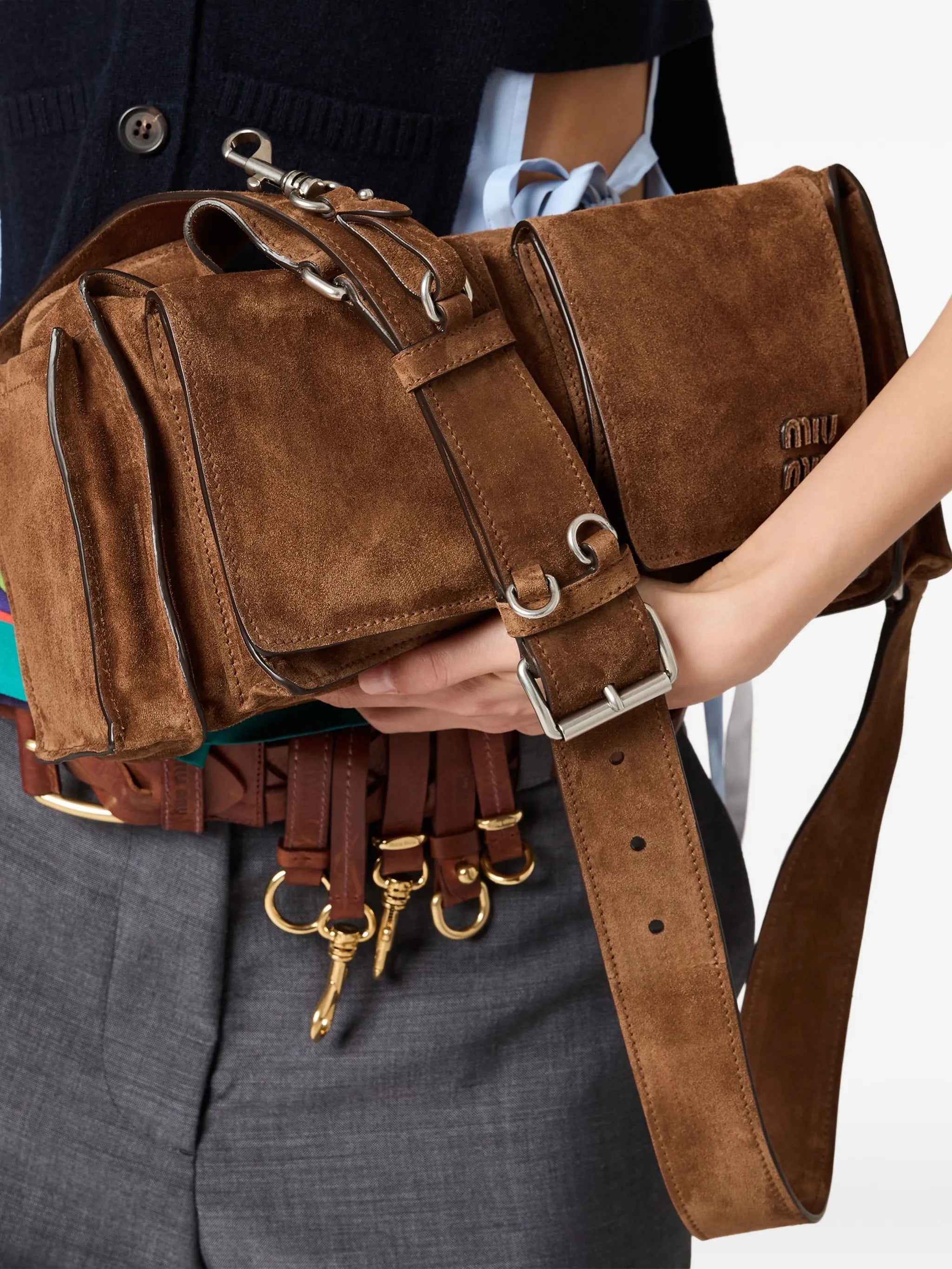 multi-pocket suede shoulder bag