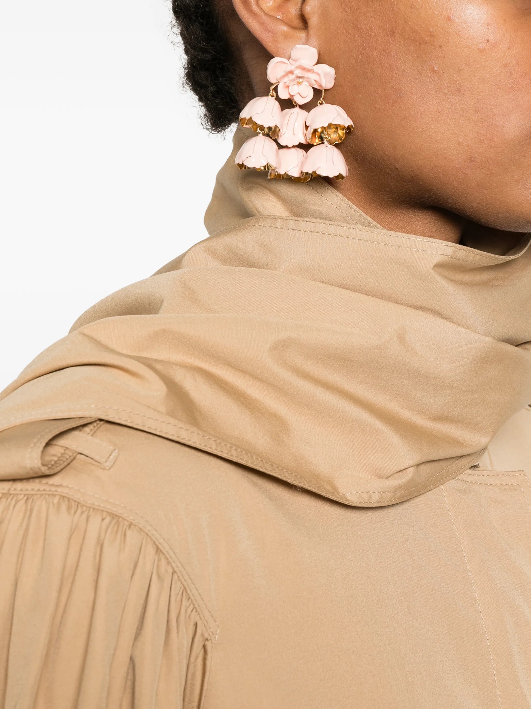 high-neck scarf gathered trench coat