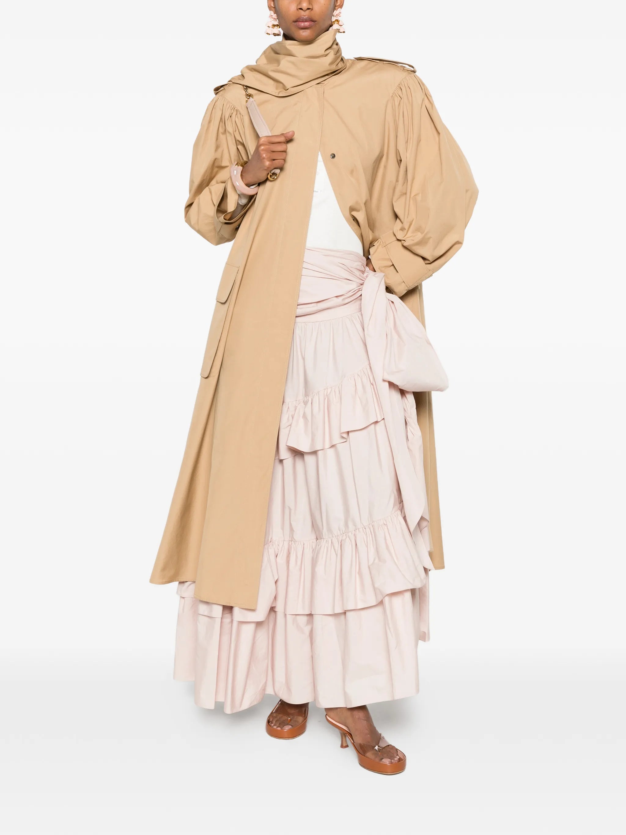 high-neck scarf gathered trench coat