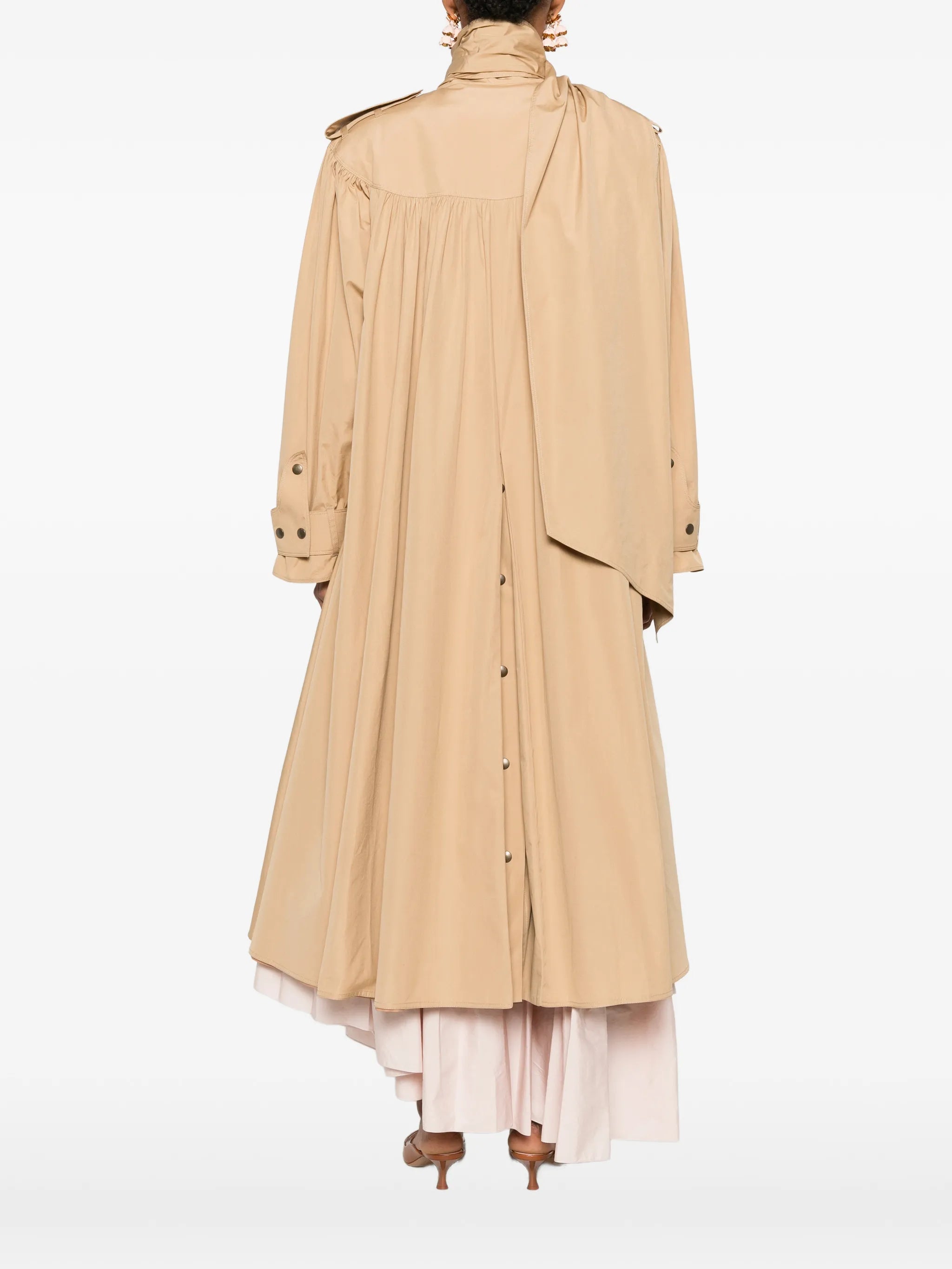 high-neck scarf gathered trench coat