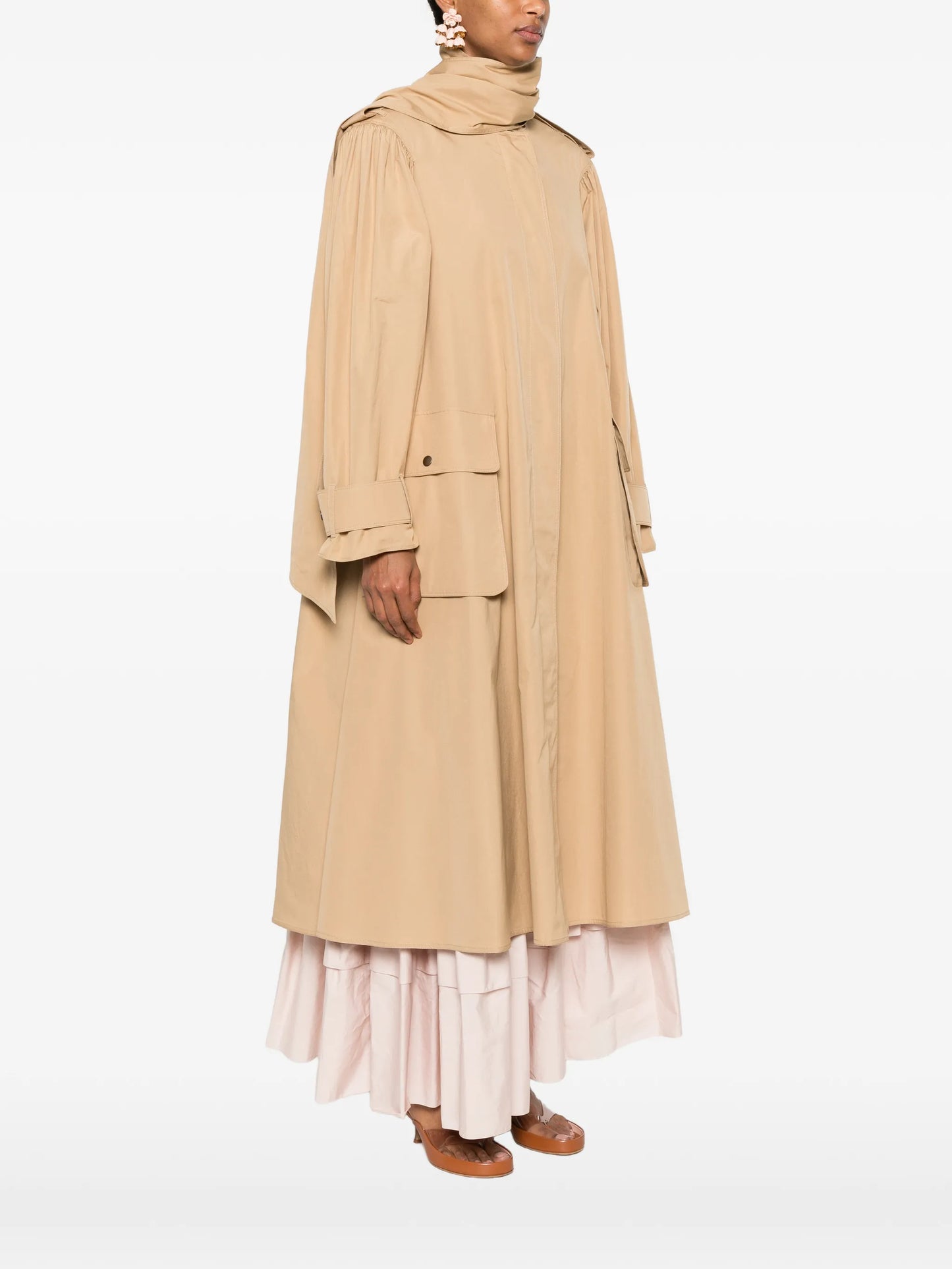 high-neck scarf gathered trench coat