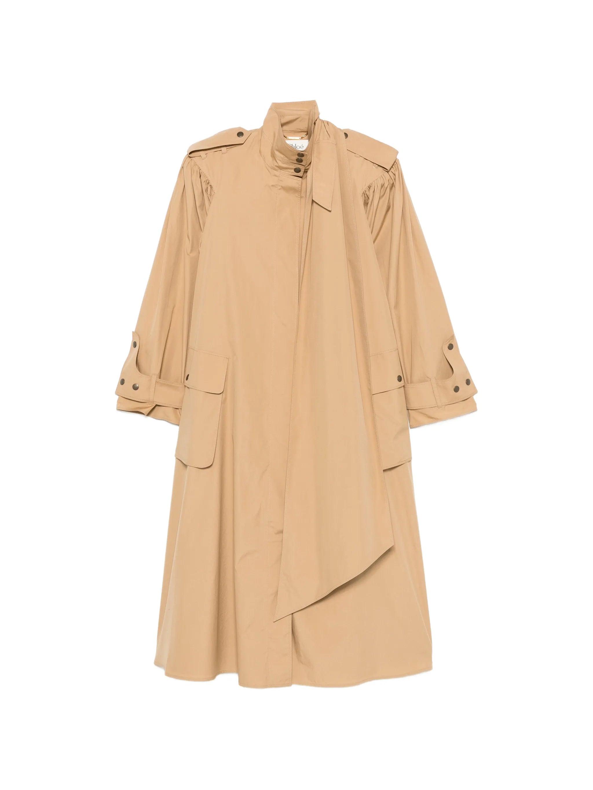 high-neck scarf gathered trench coat