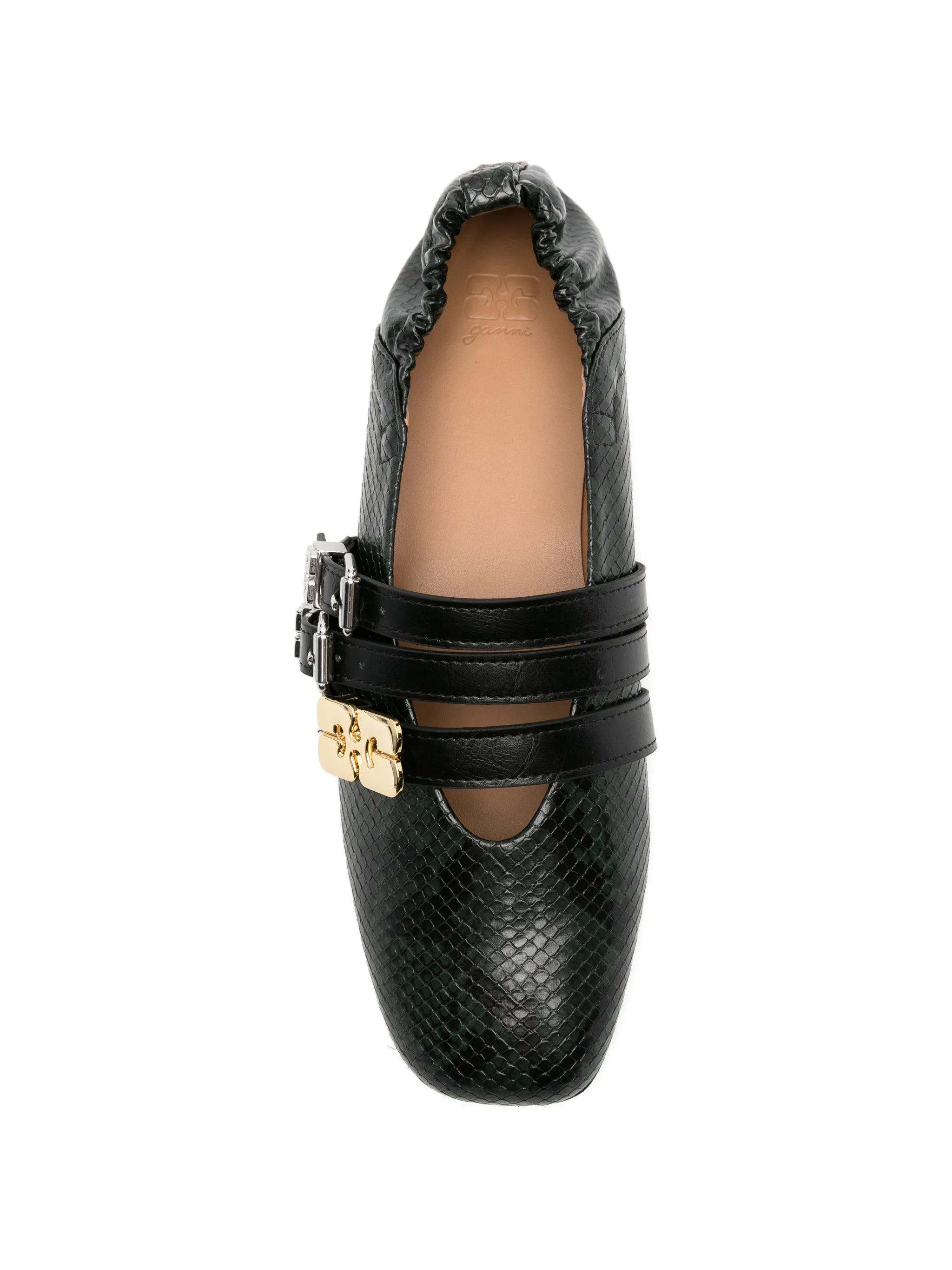 buckled snake-effect flat pumps