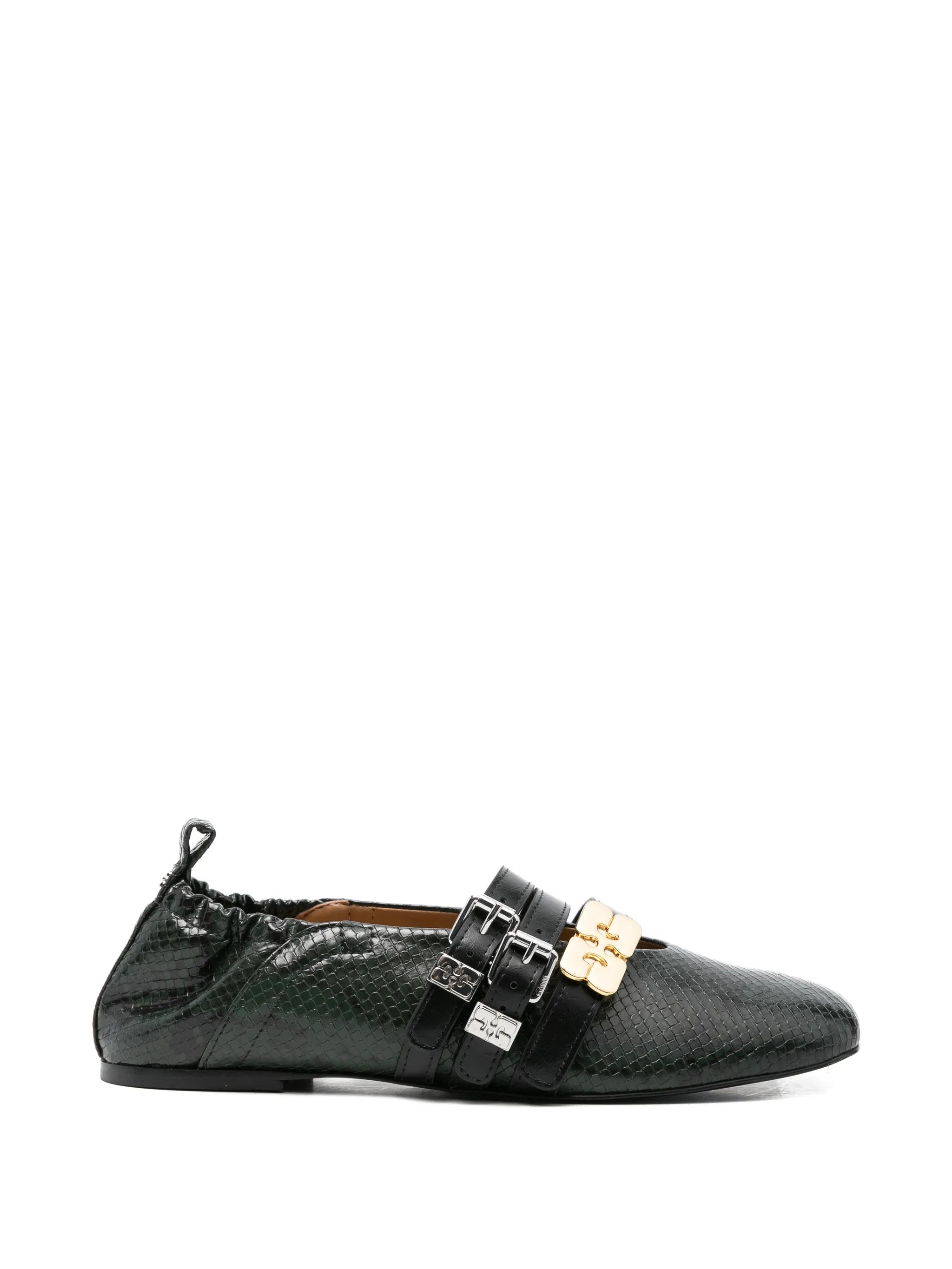 buckled snake-effect flat pumps