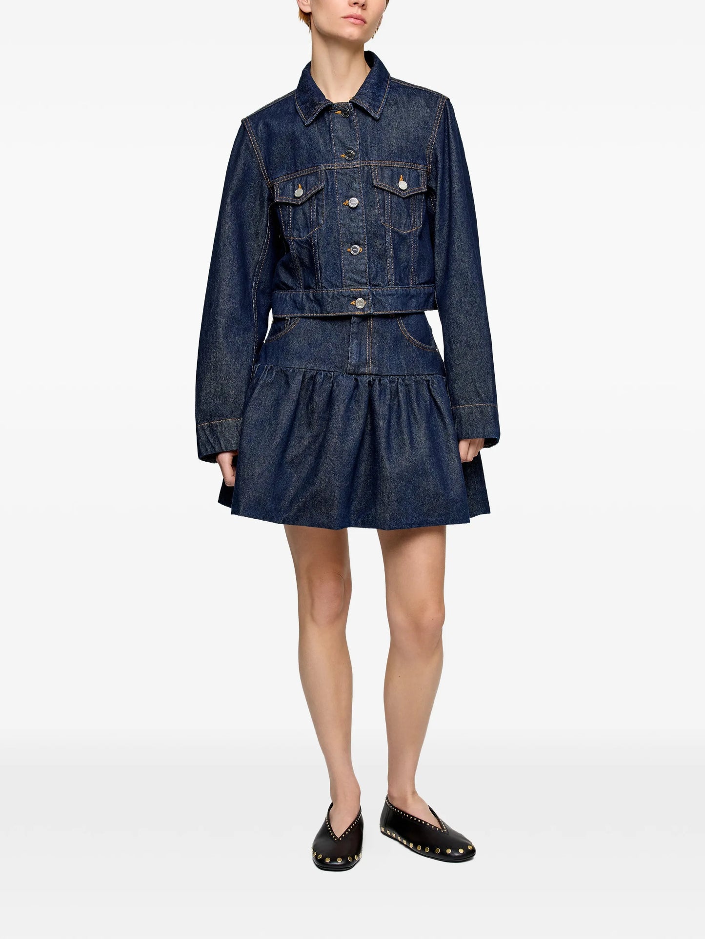 ruffled denim mini skirt