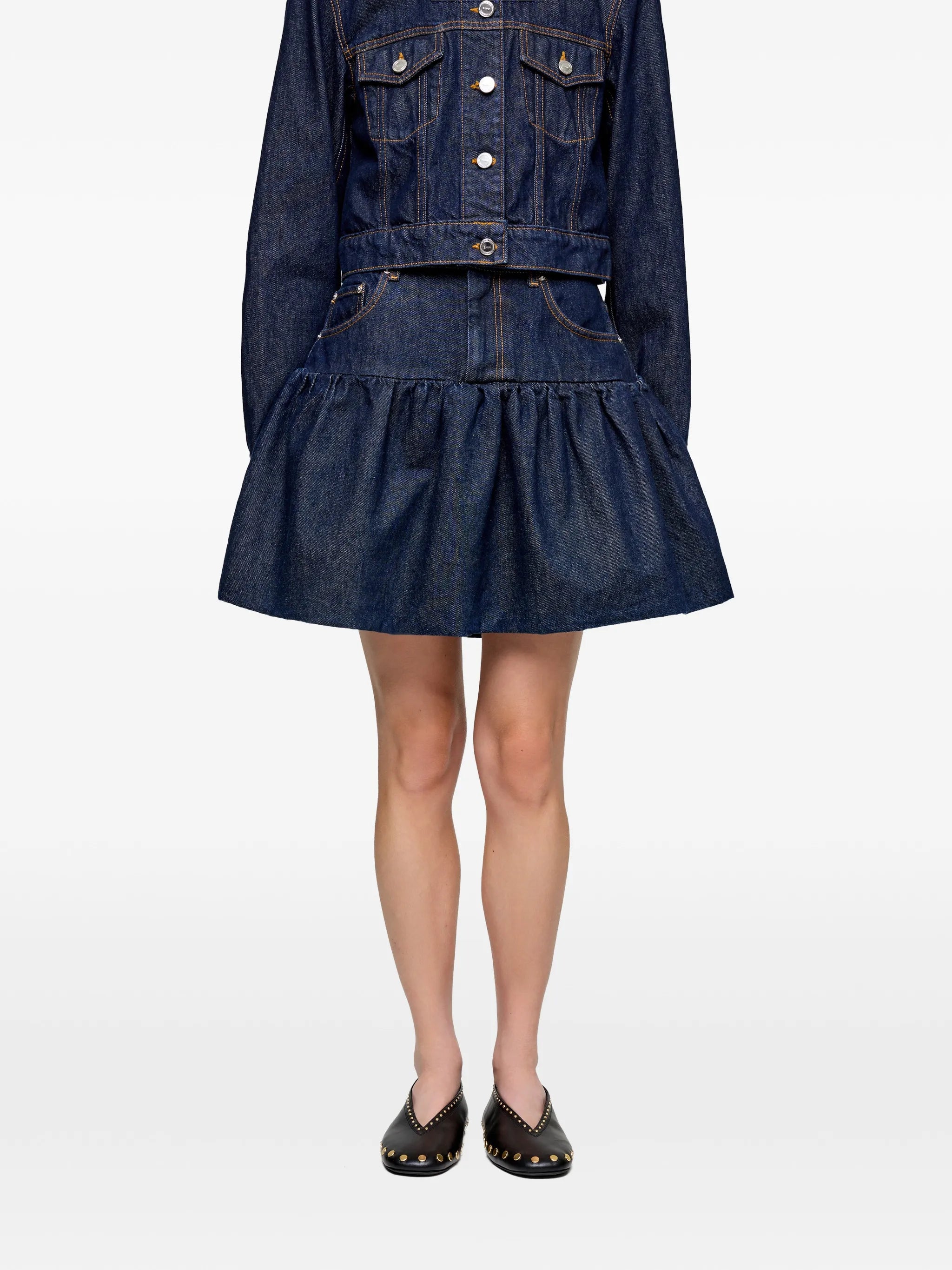 ruffled denim mini skirt