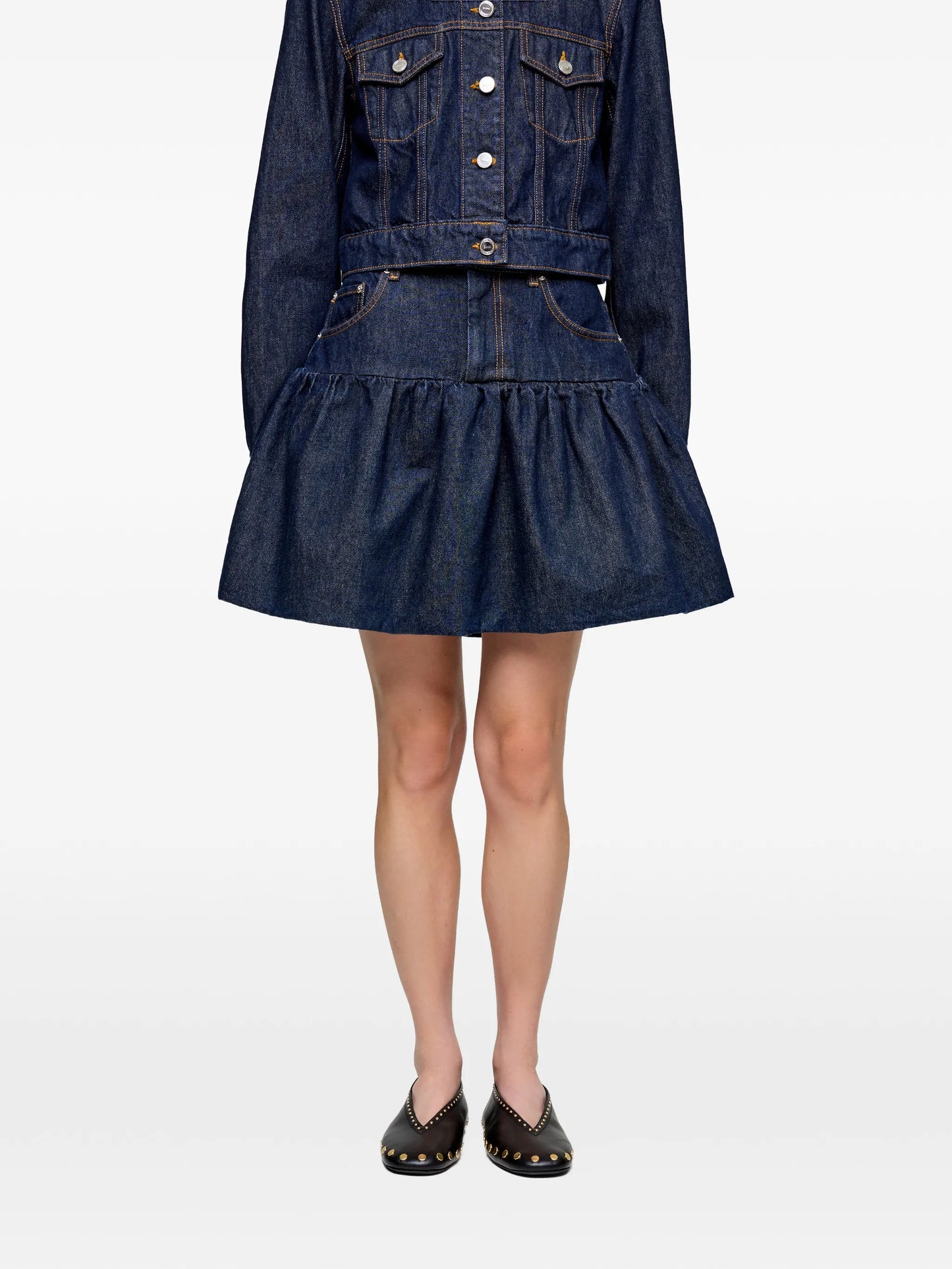 ruffled denim mini skirt