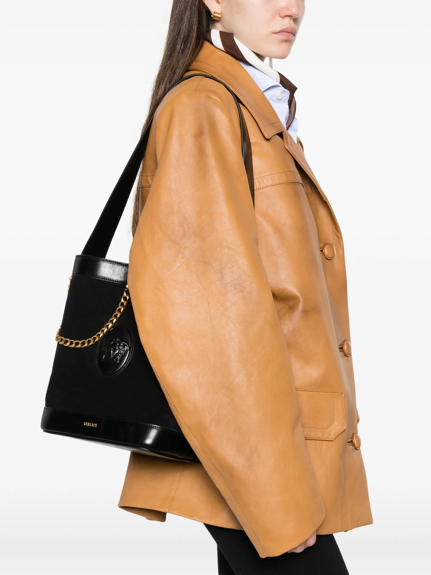 chain-detail leather bucket bag