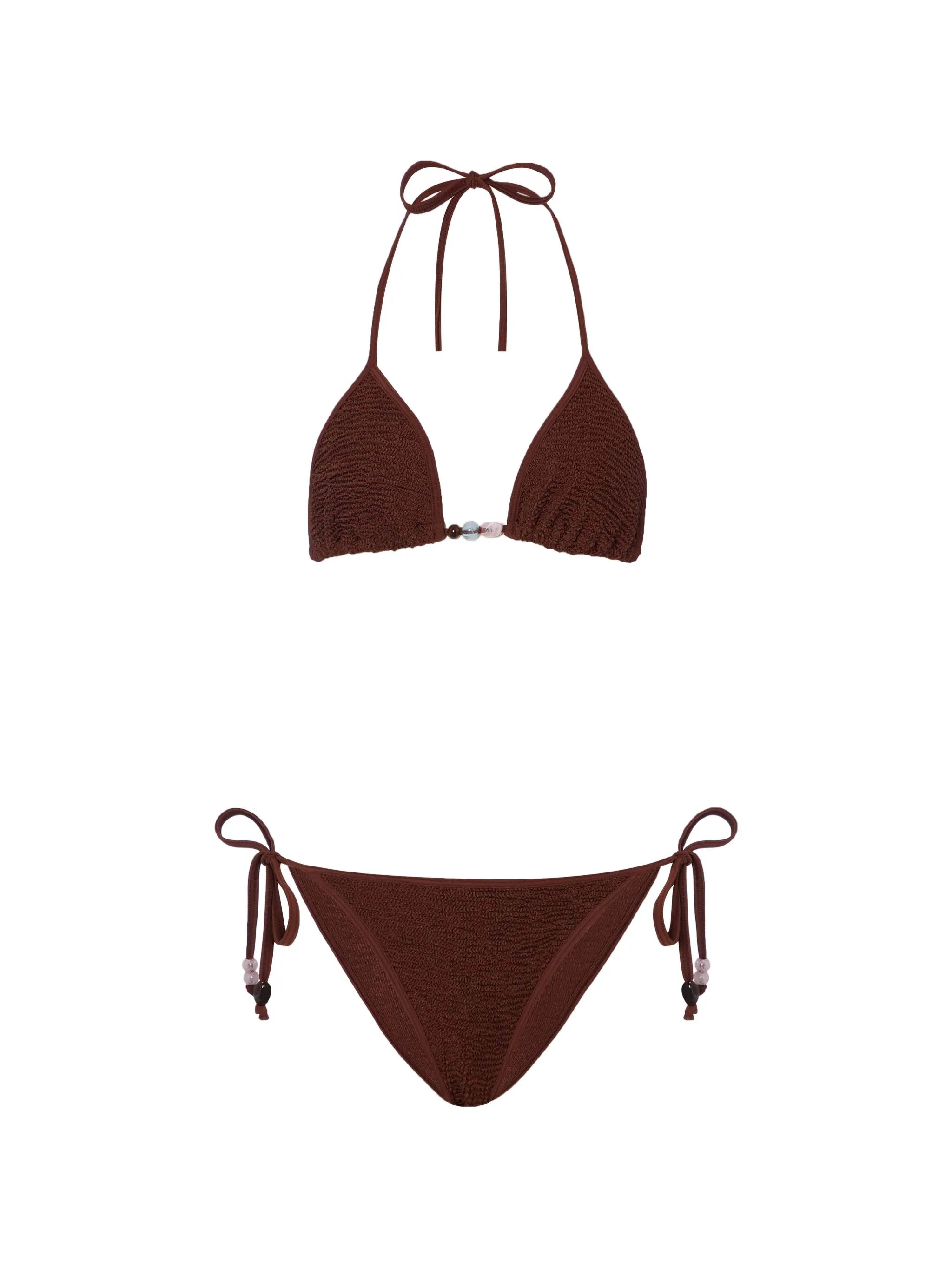 Gina bead-embellished crinkle-effect bikini