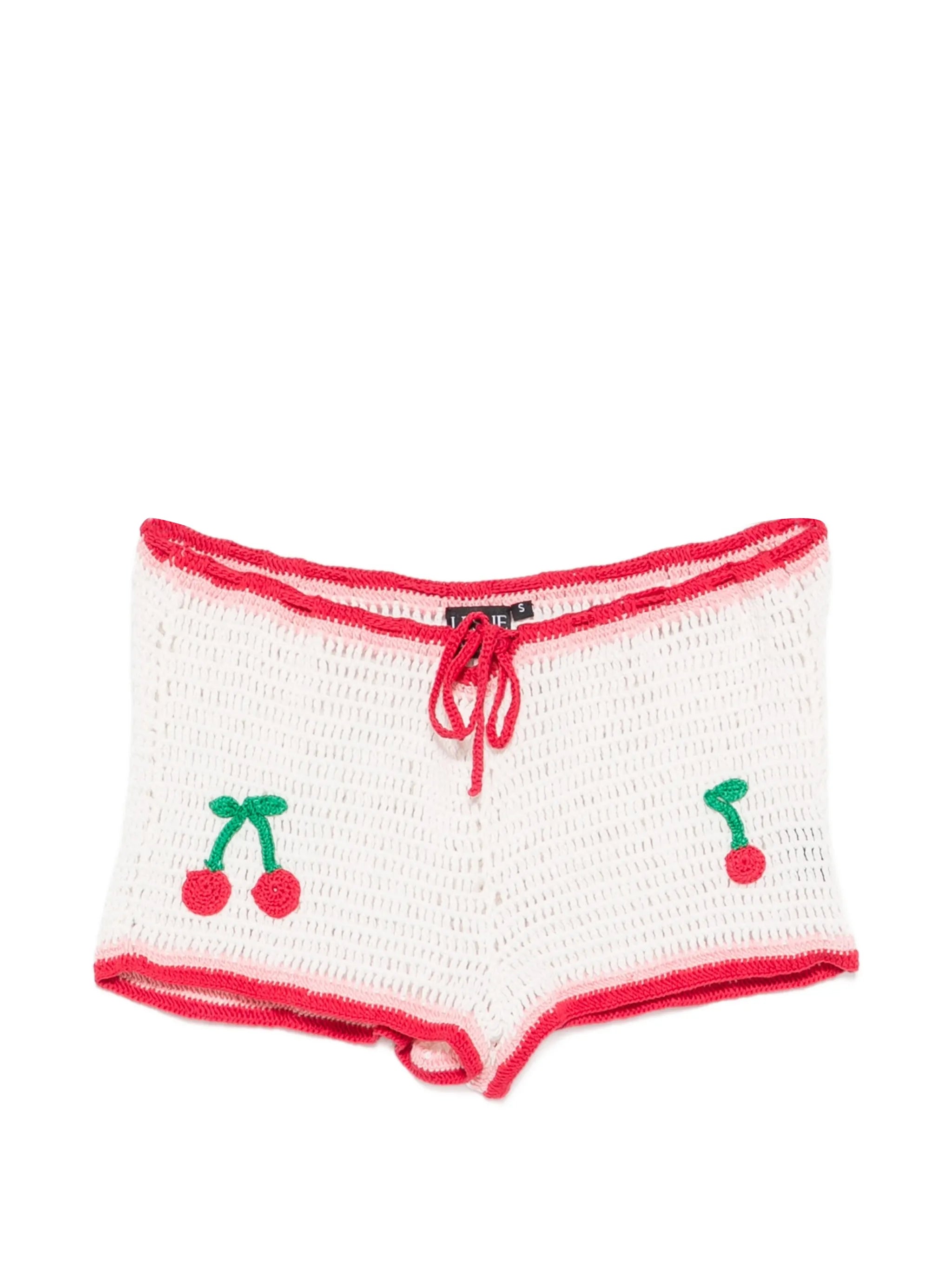 cherry-appliqué crochet shorts