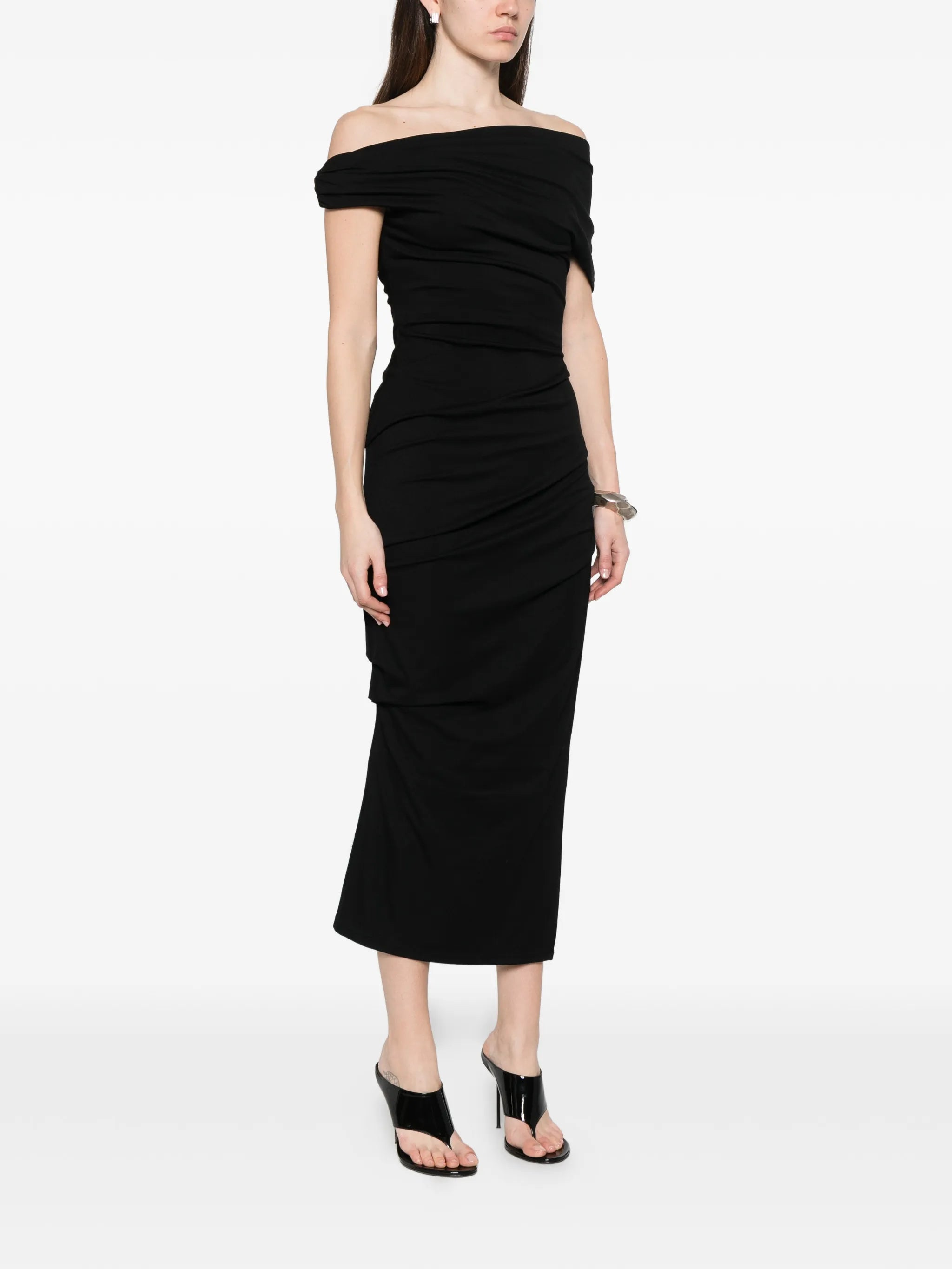 one-shoulder gathered midi dress