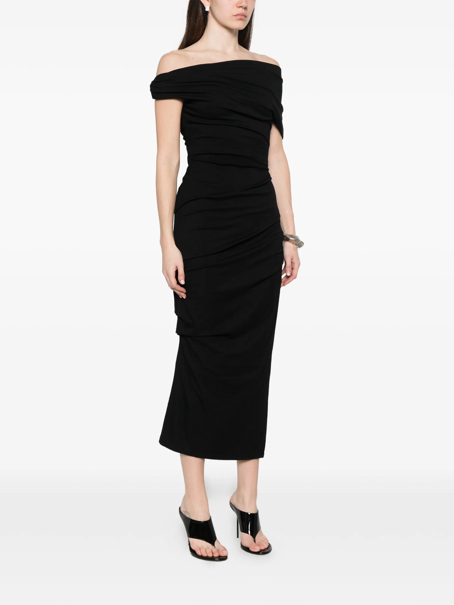 one-shoulder gathered midi dress