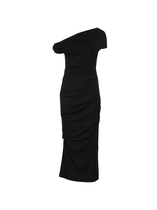 one-shoulder gathered midi dress