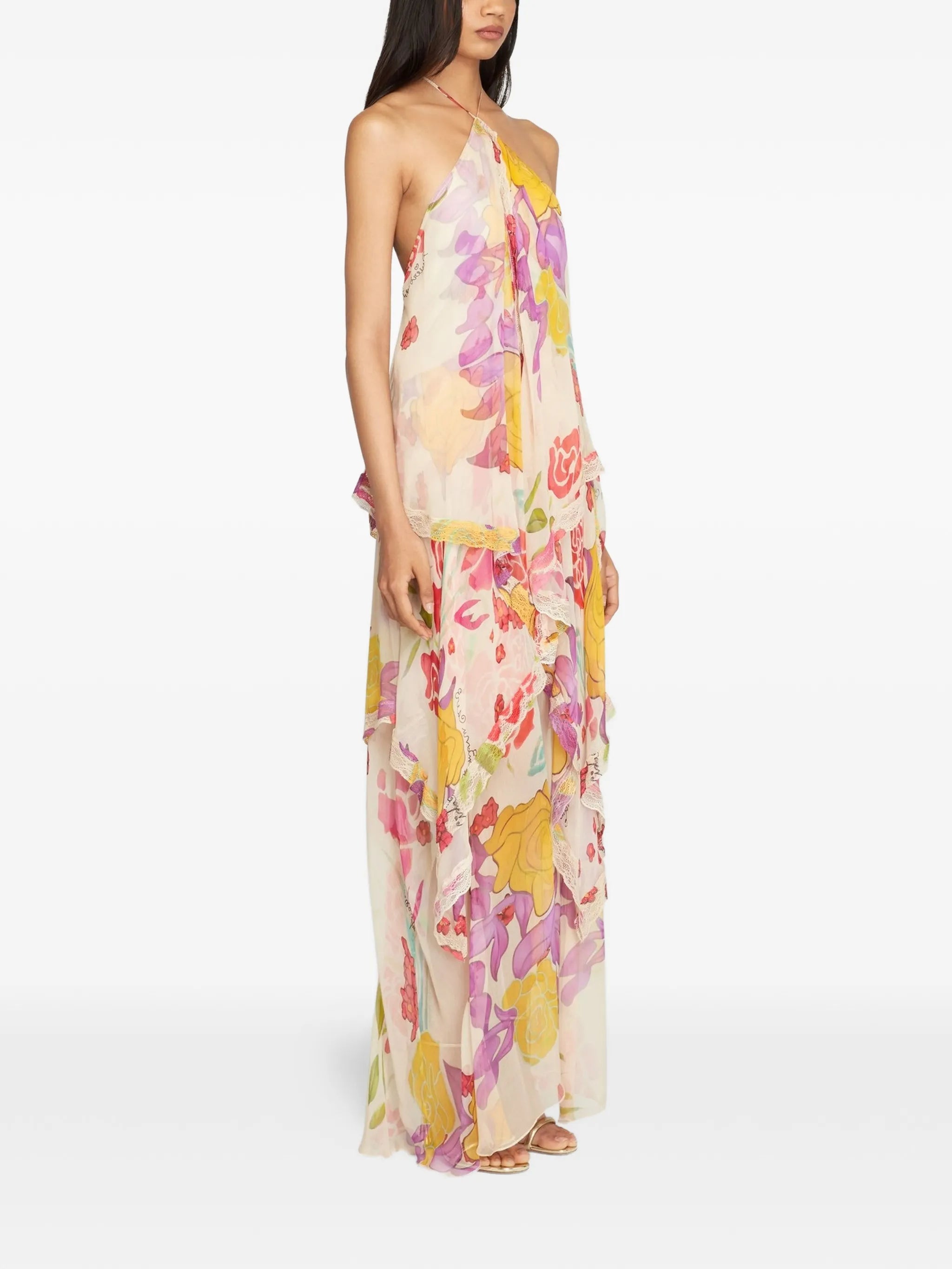 Flores silk chiffon long halter dress
