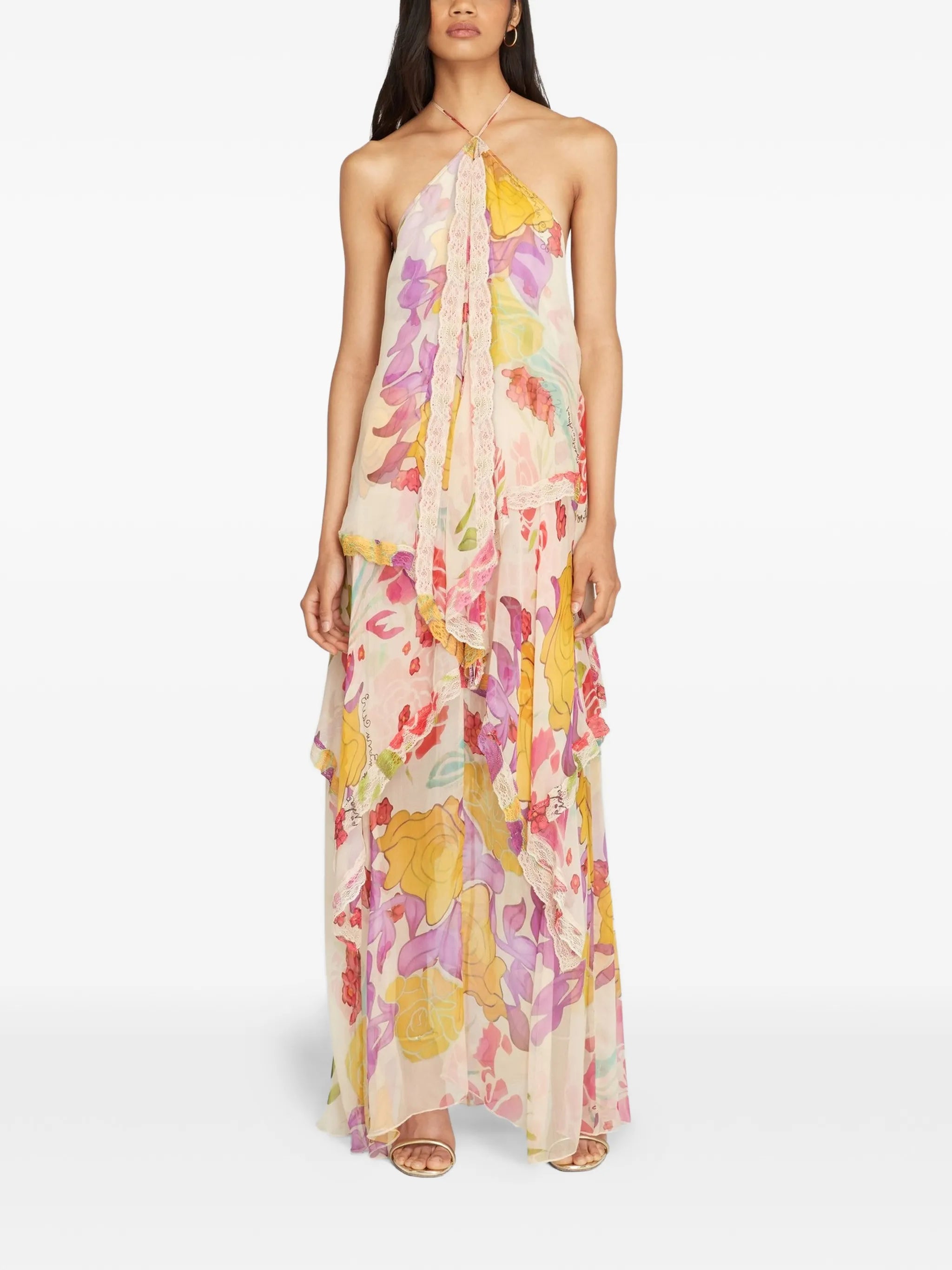 Flores silk chiffon long halter dress