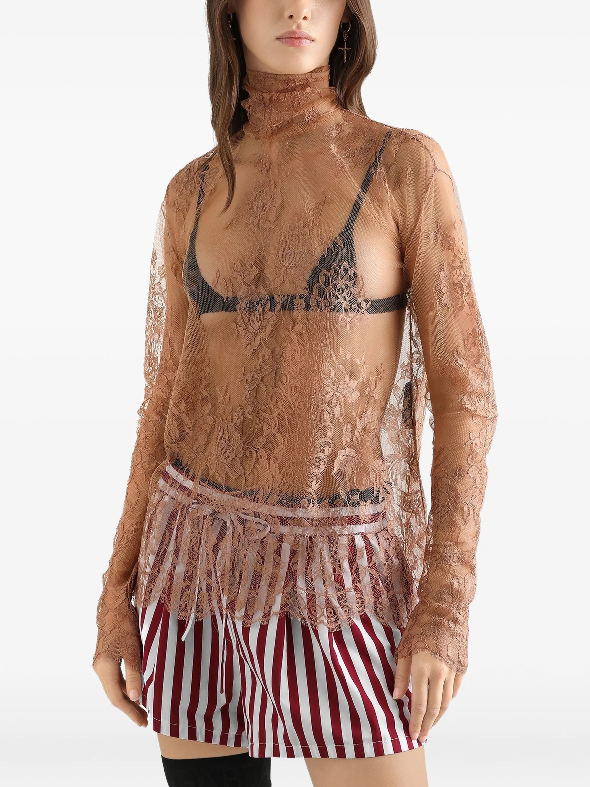 lace-panelled high-neck top