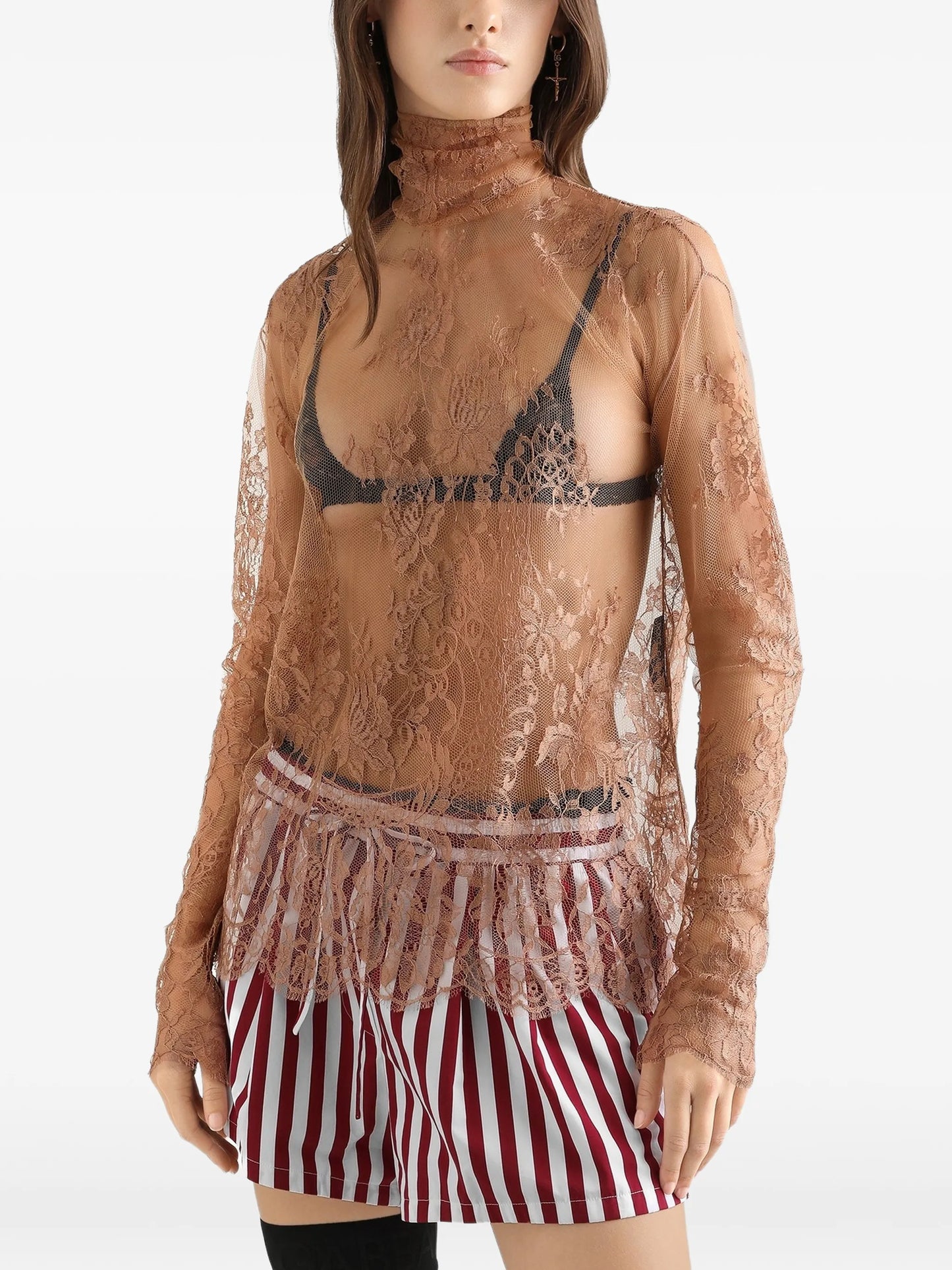 lace-panelled high-neck top