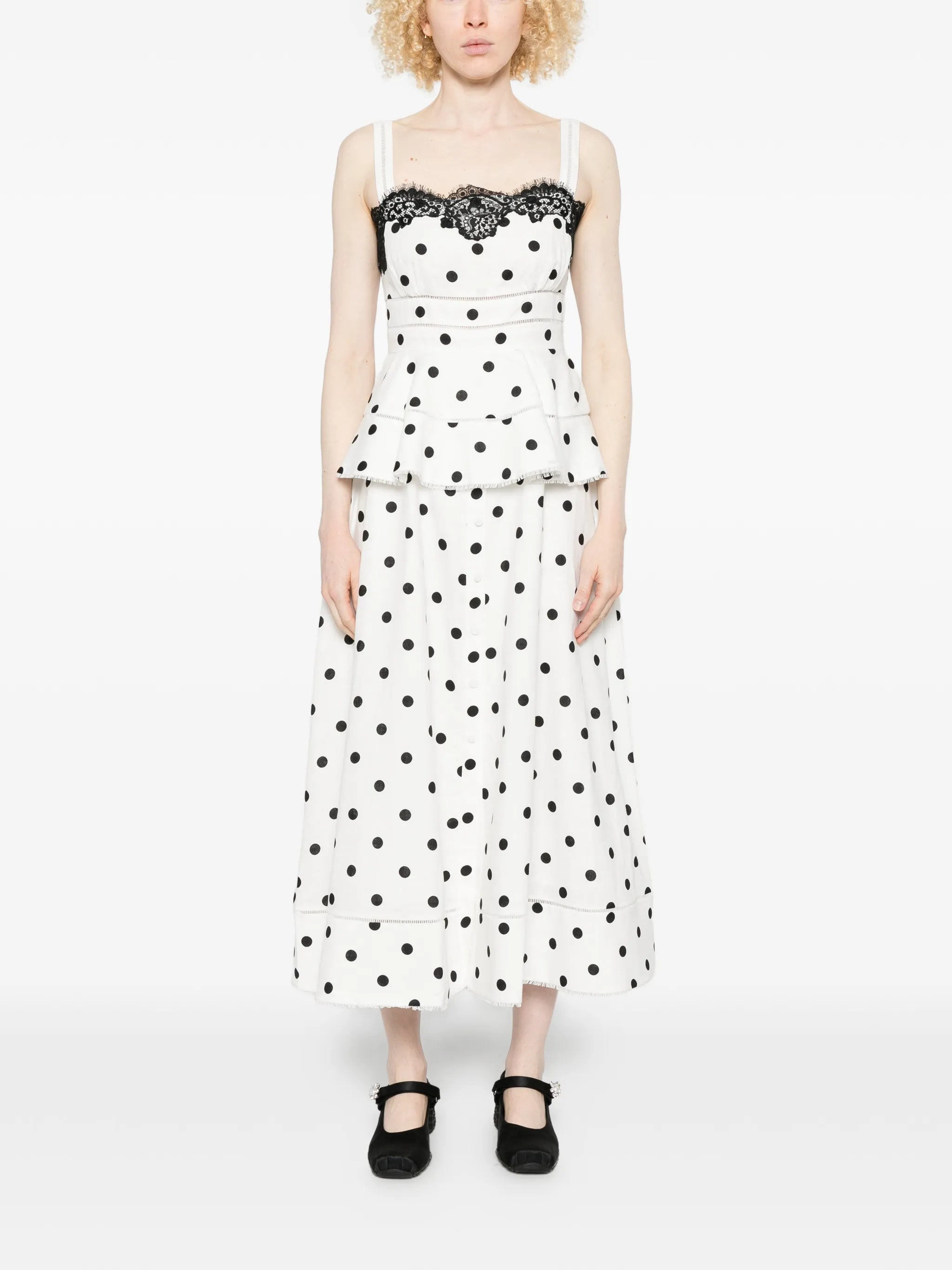 polka dot-pattern lace-detail maxi dress