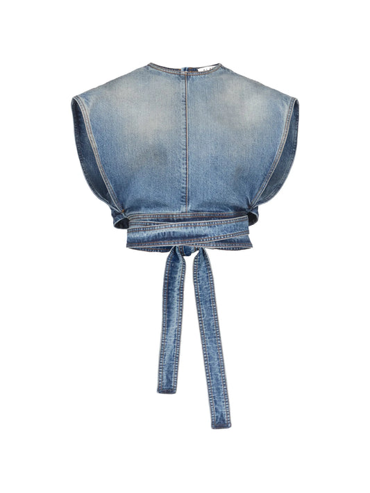 belted denim crop top