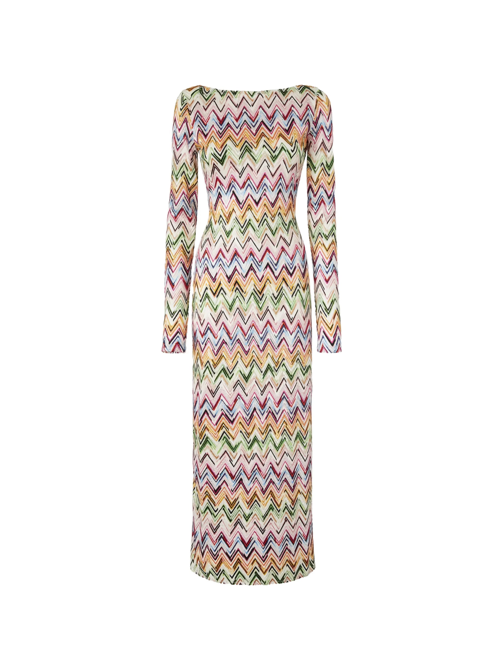 long-sleeved dress in stretch viscose with lace and zigzag motif