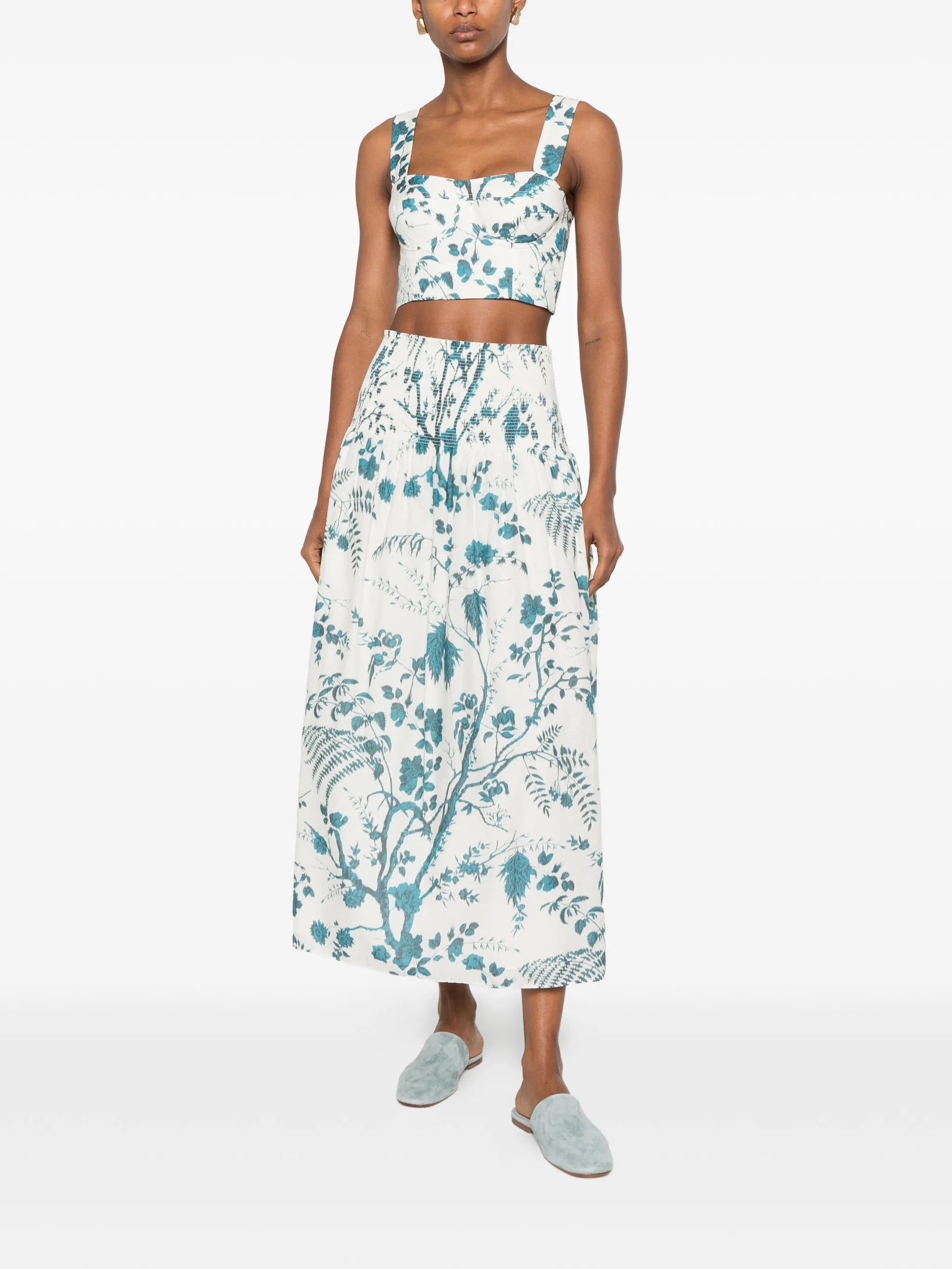 botanical-print smocked midi skirt