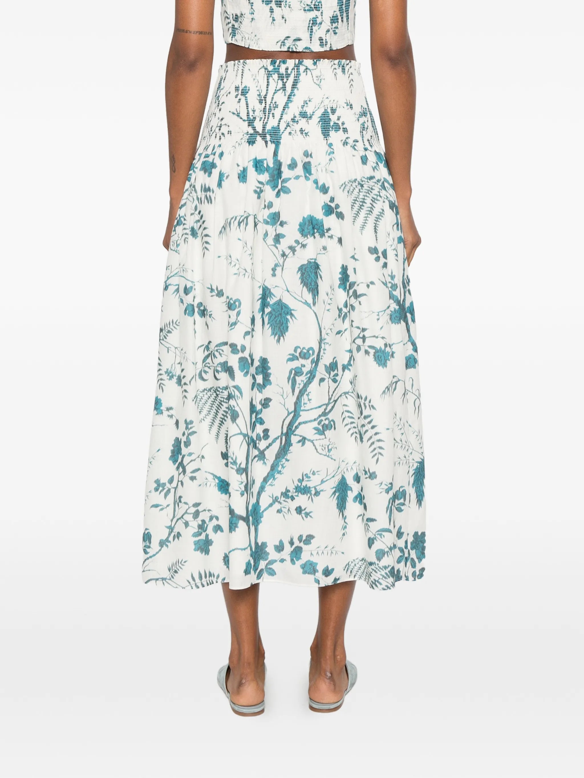botanical-print smocked midi skirt