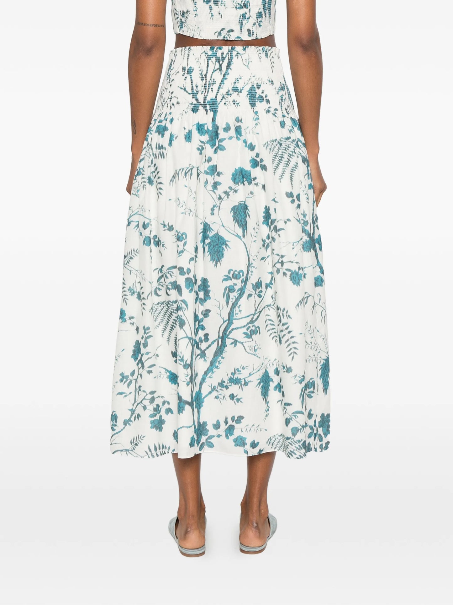 botanical-print smocked midi skirt