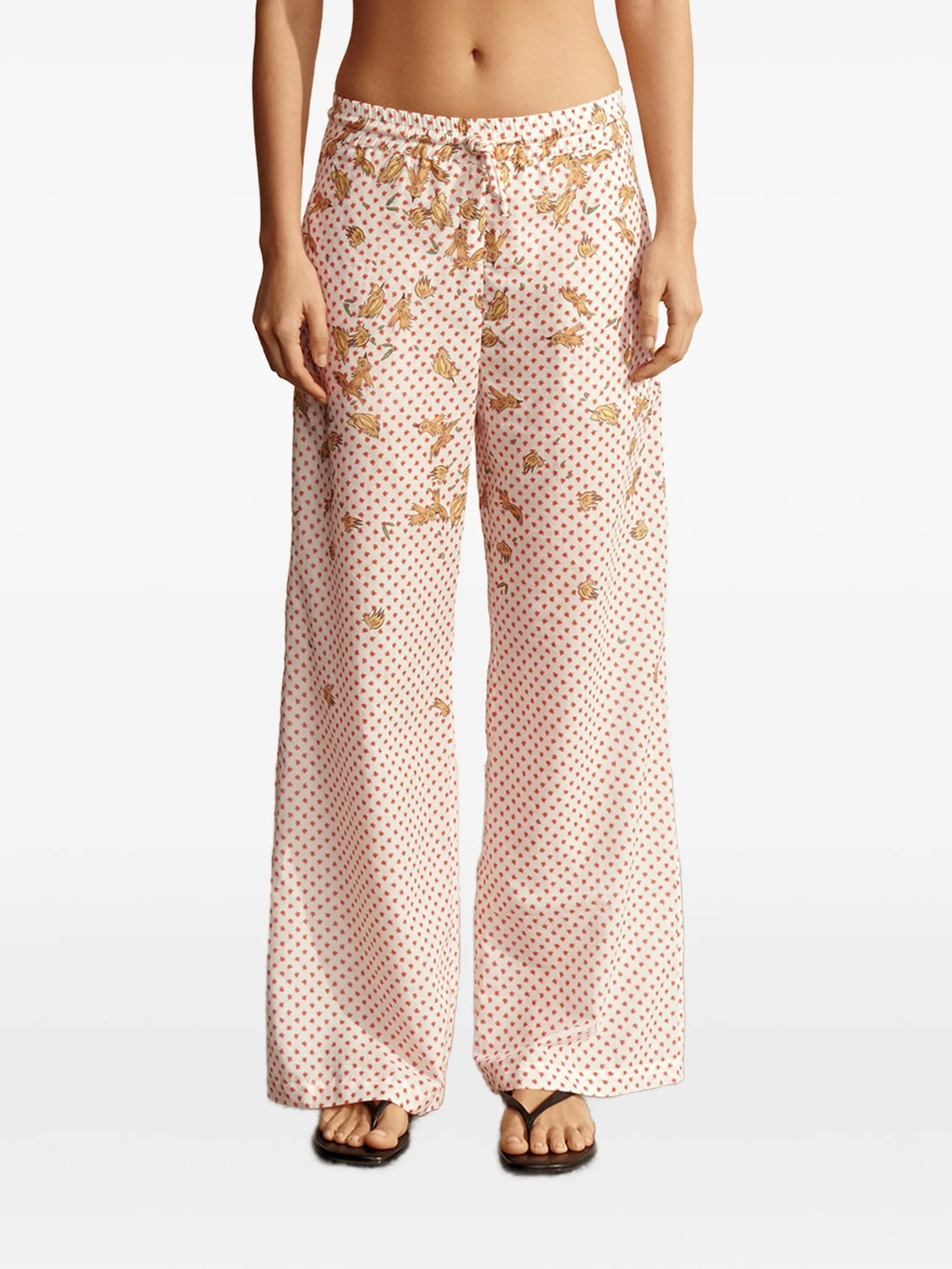 bird-print polka-dot trousers