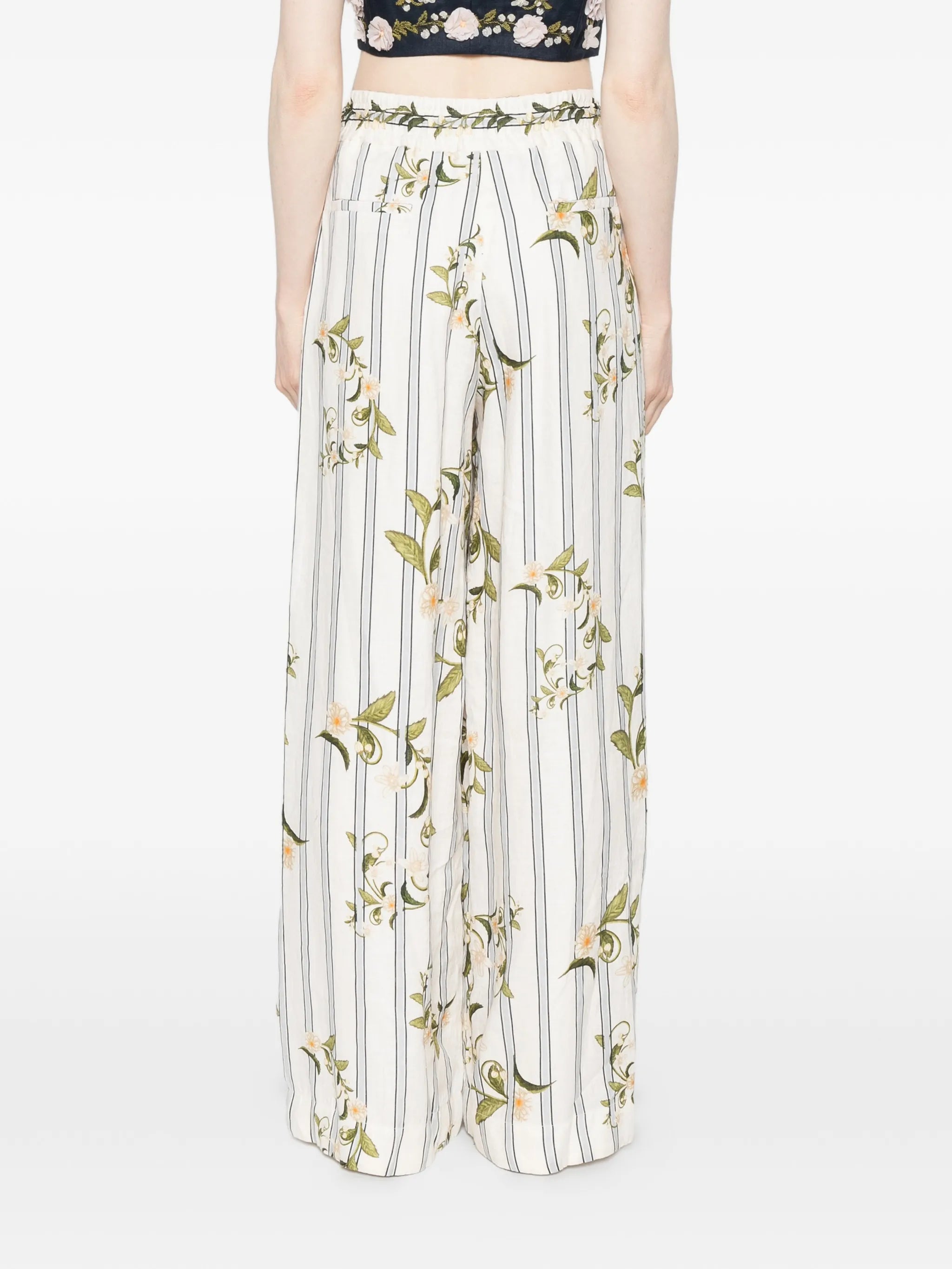 striped floral-print pants
