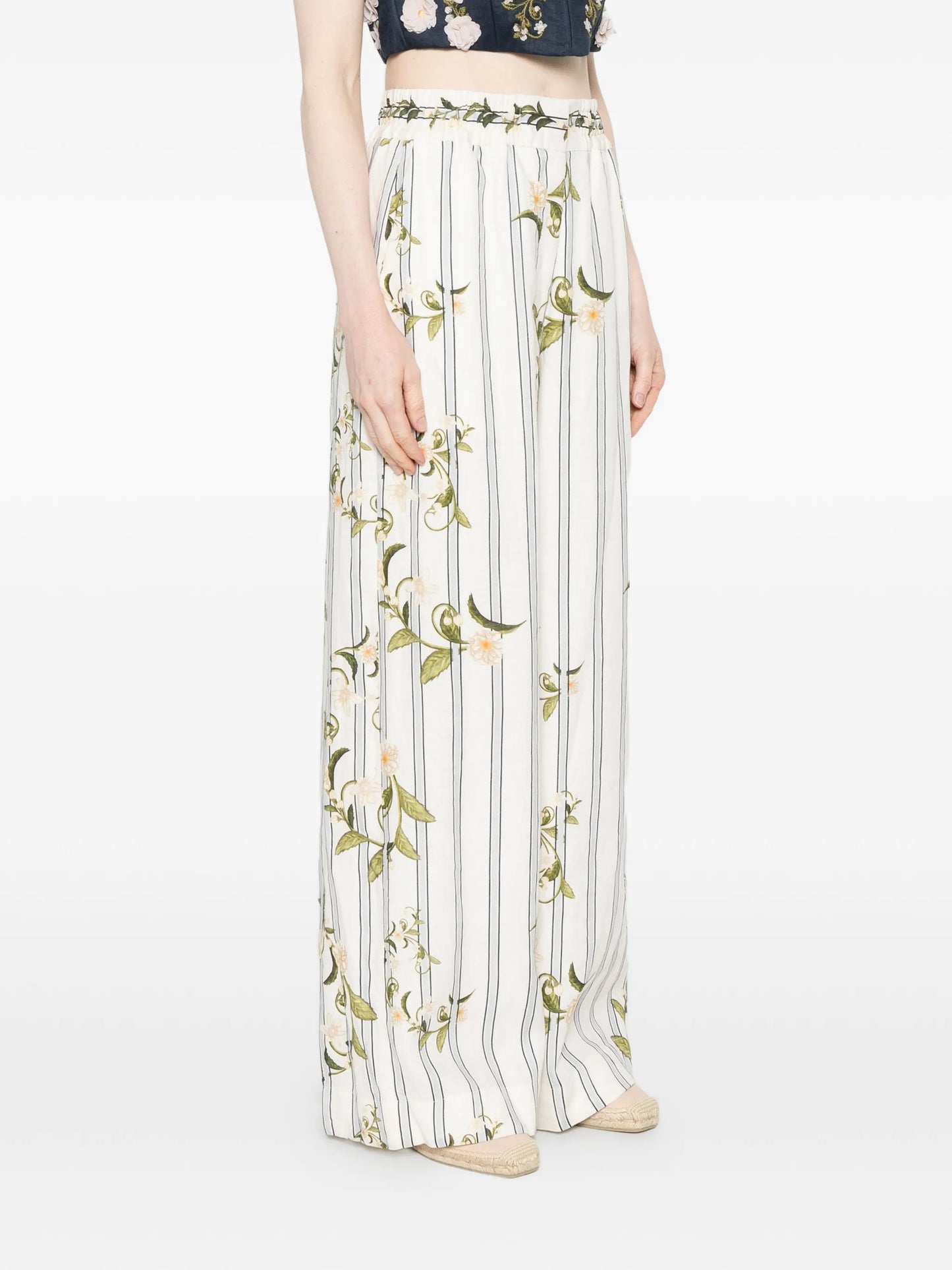 striped floral-print pants