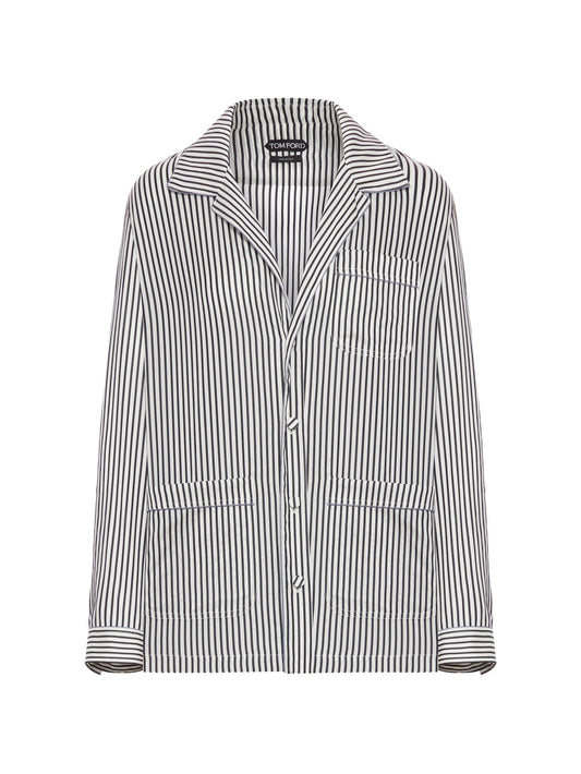 striped silk pajama shirt with piping and tonal embroidered logo