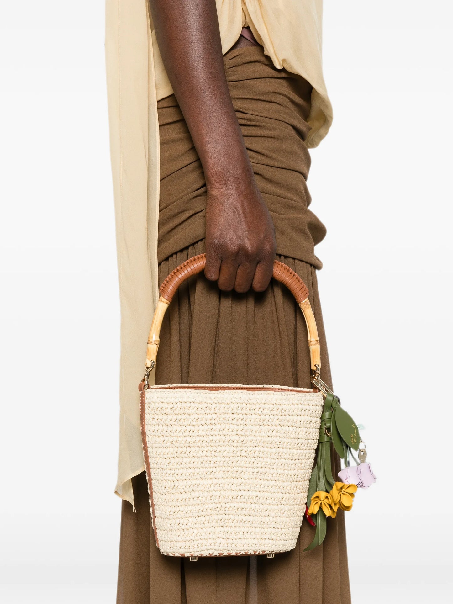 raffia charm bucket bag