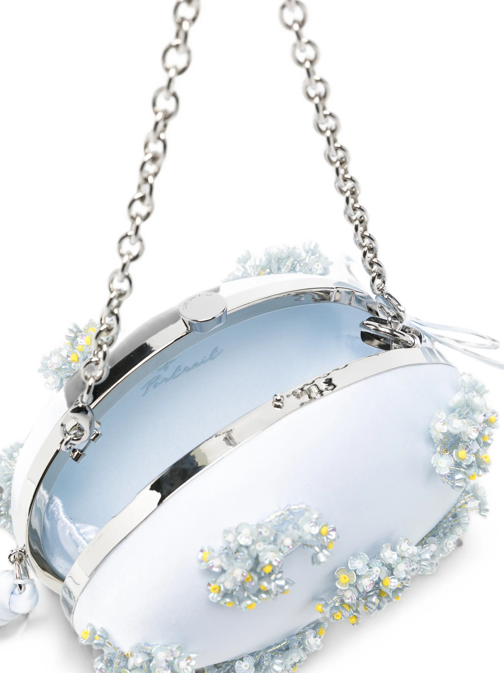 blue satin floral beaded oval clutch