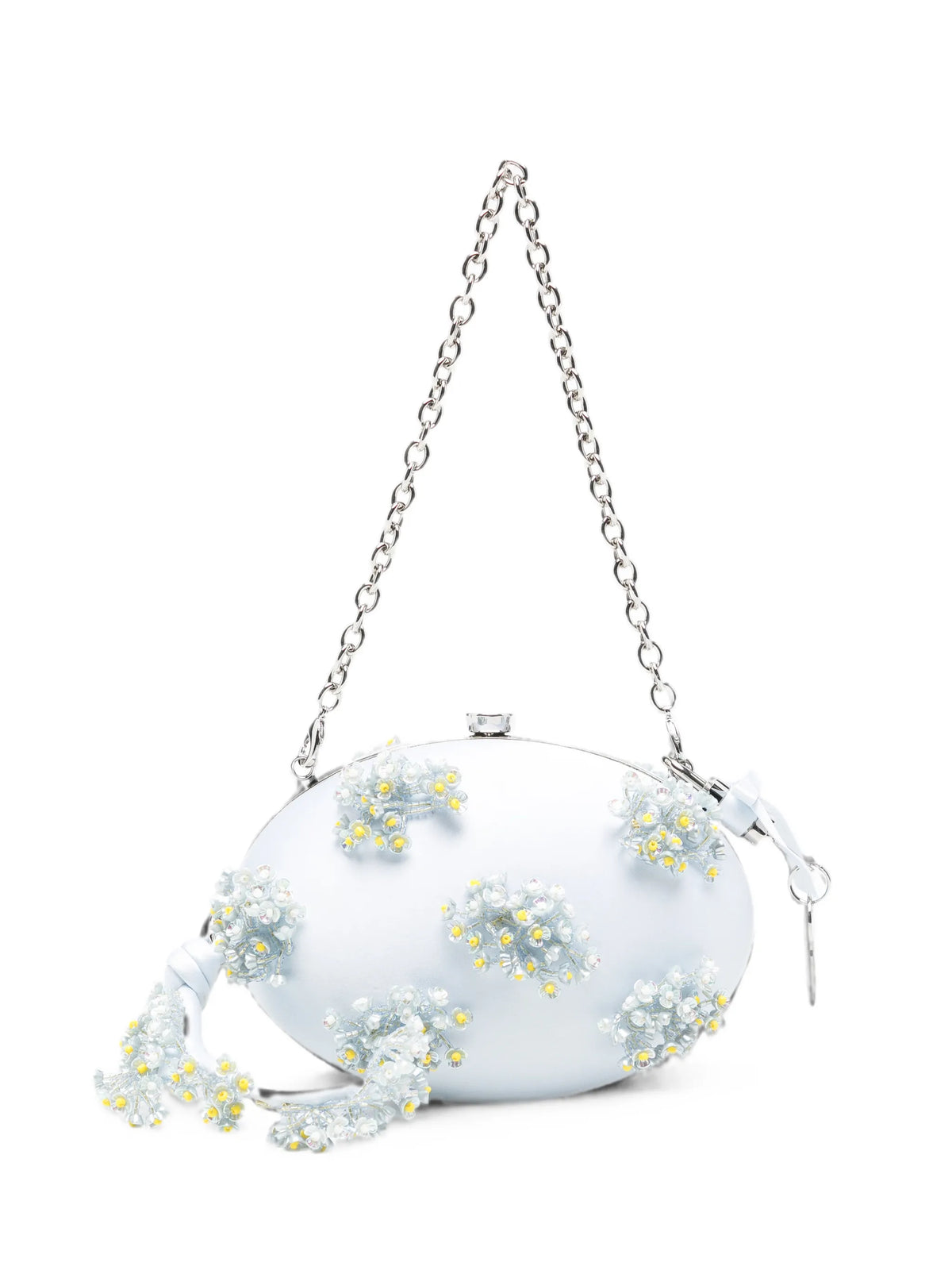 blue satin floral beaded oval clutch