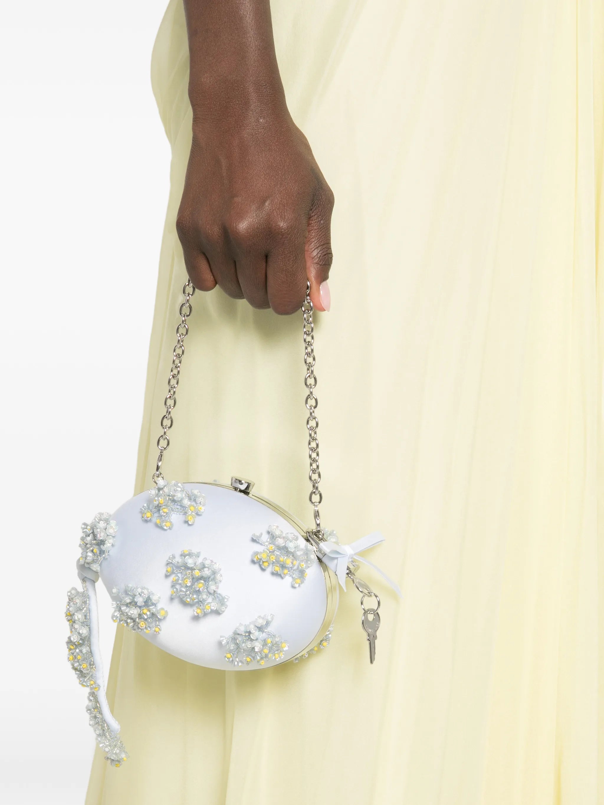 blue satin floral beaded oval clutch