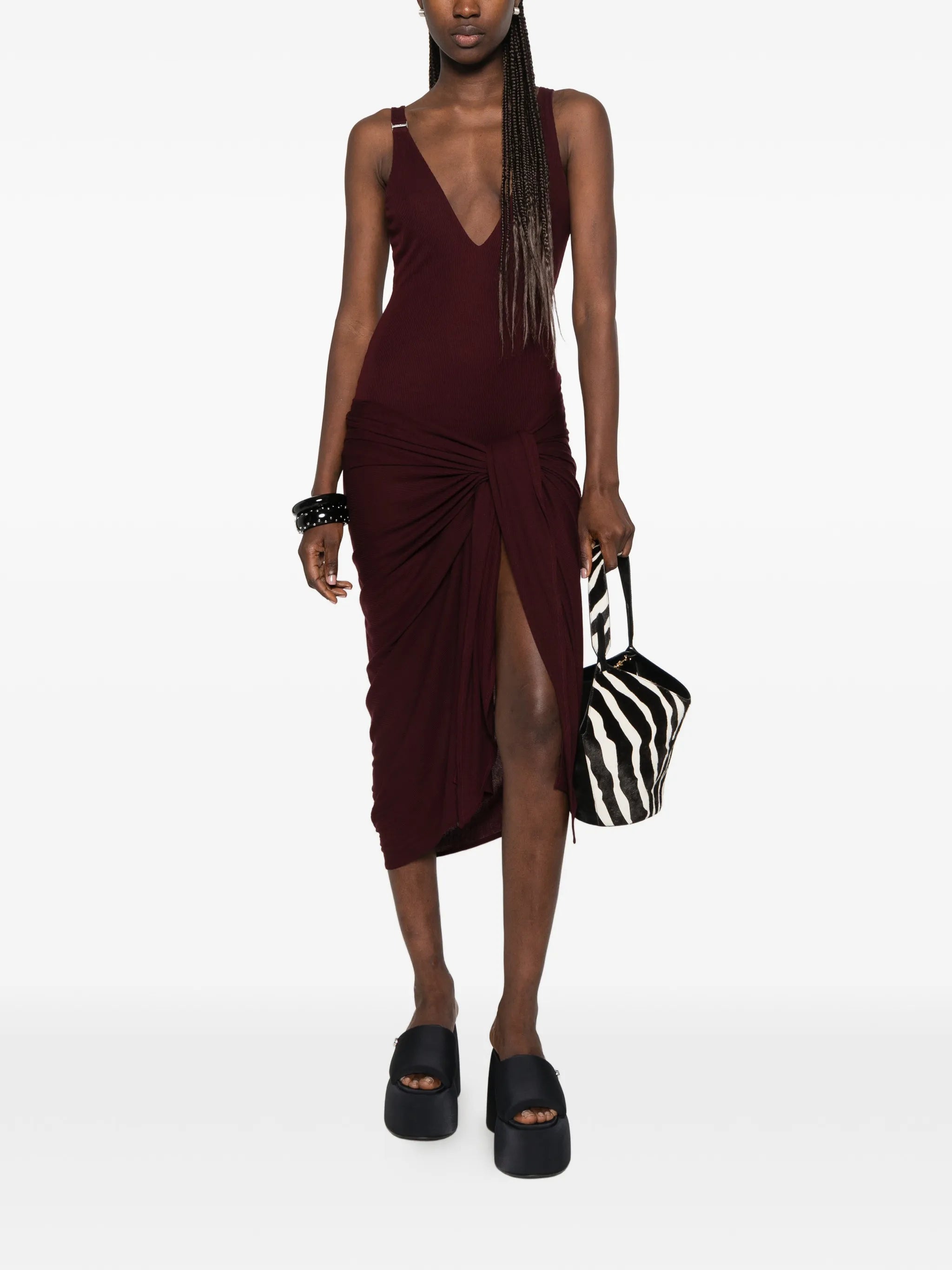ruched V-neck midi dress