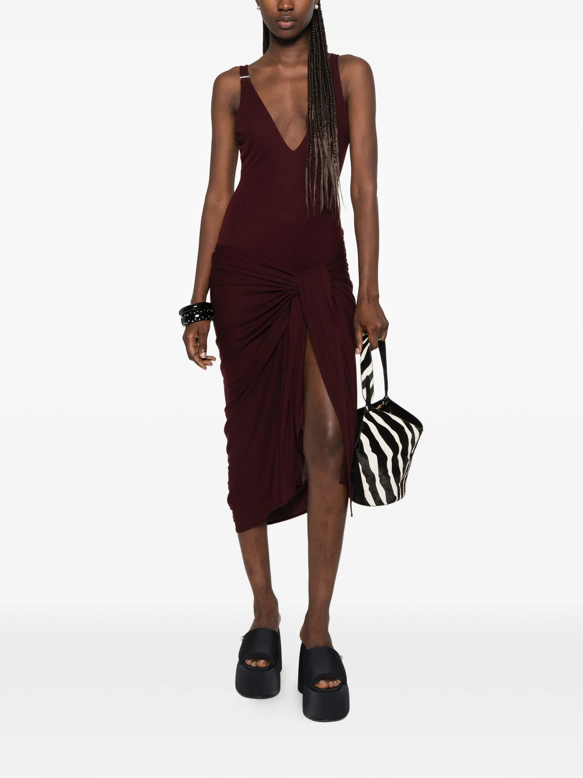 ruched V-neck midi dress
