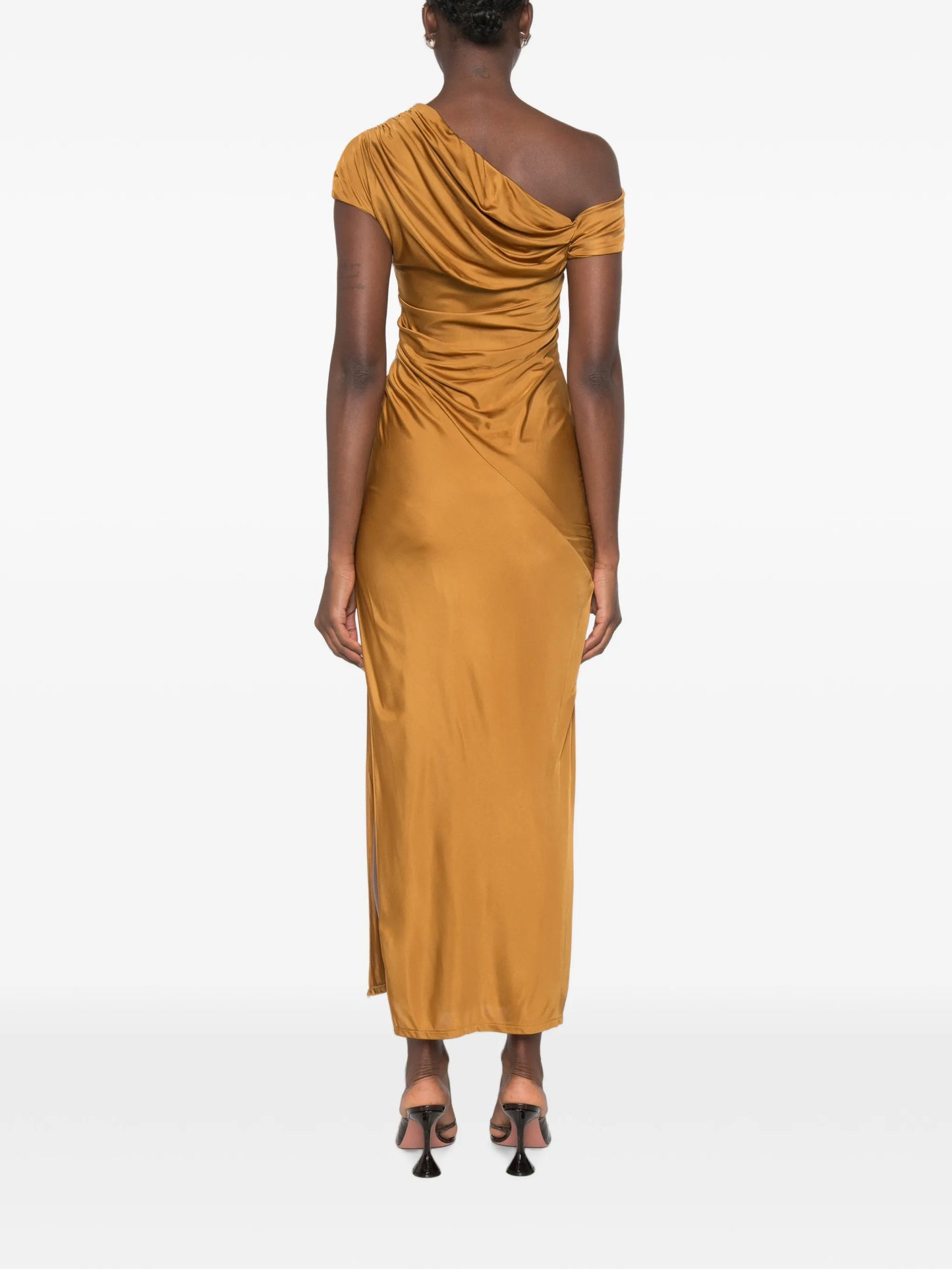 cascading off-shoulder dress