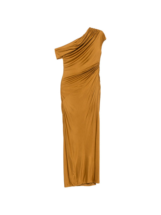 cascading off-shoulder dress