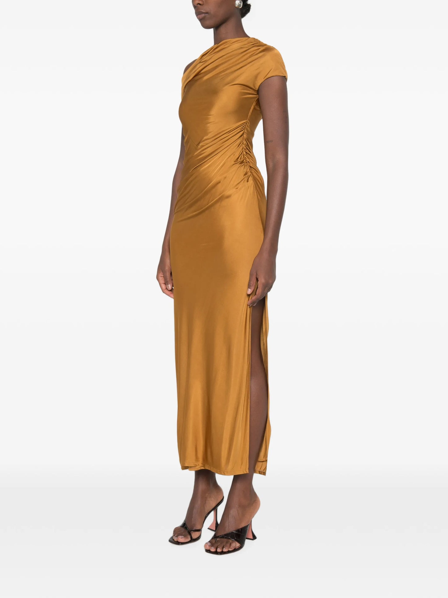 cascading off-shoulder dress
