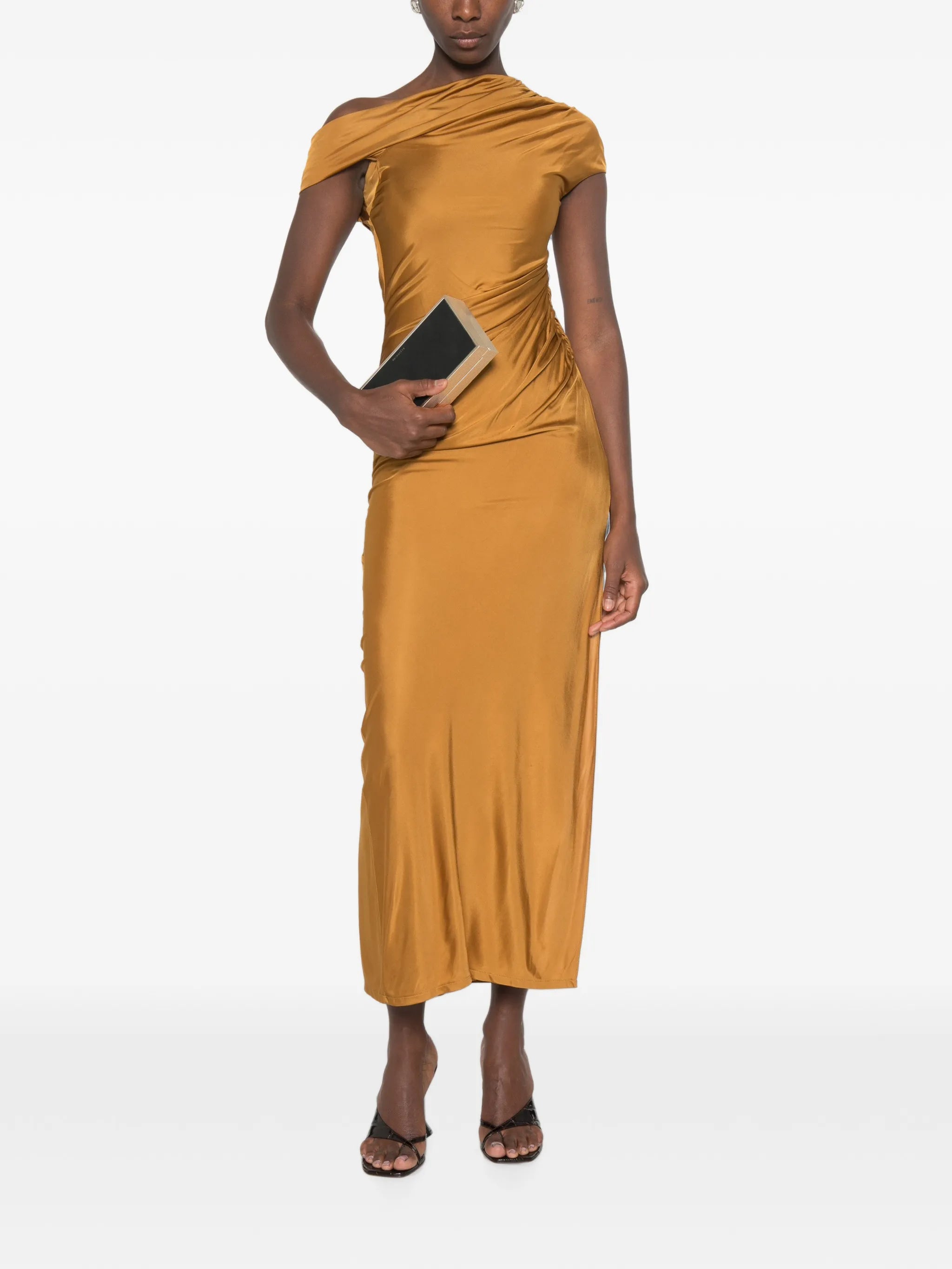 cascading off-shoulder dress