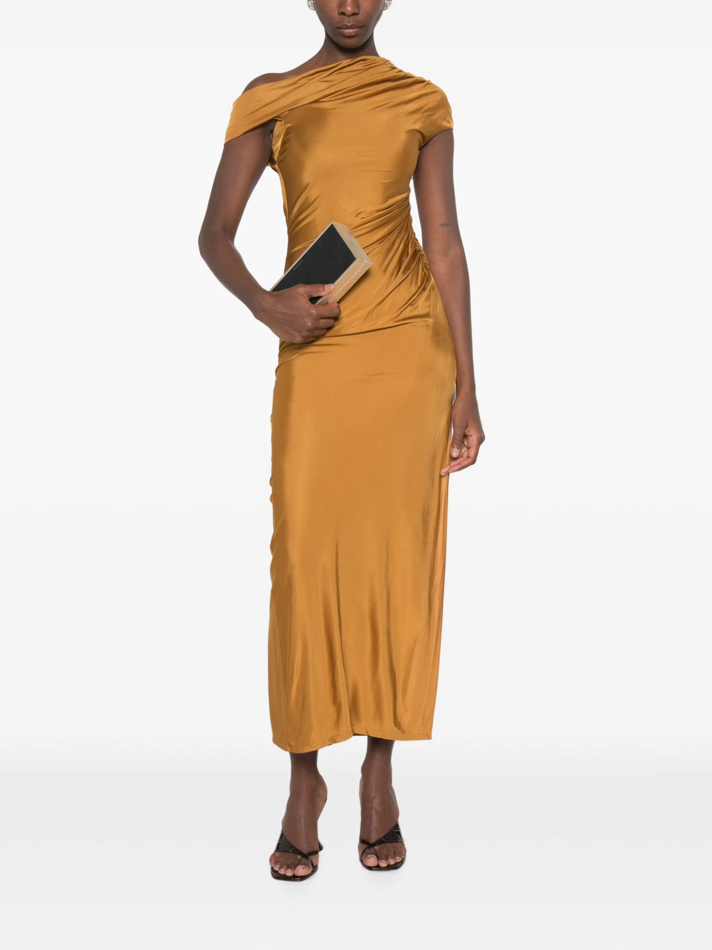 cascading off-shoulder dress