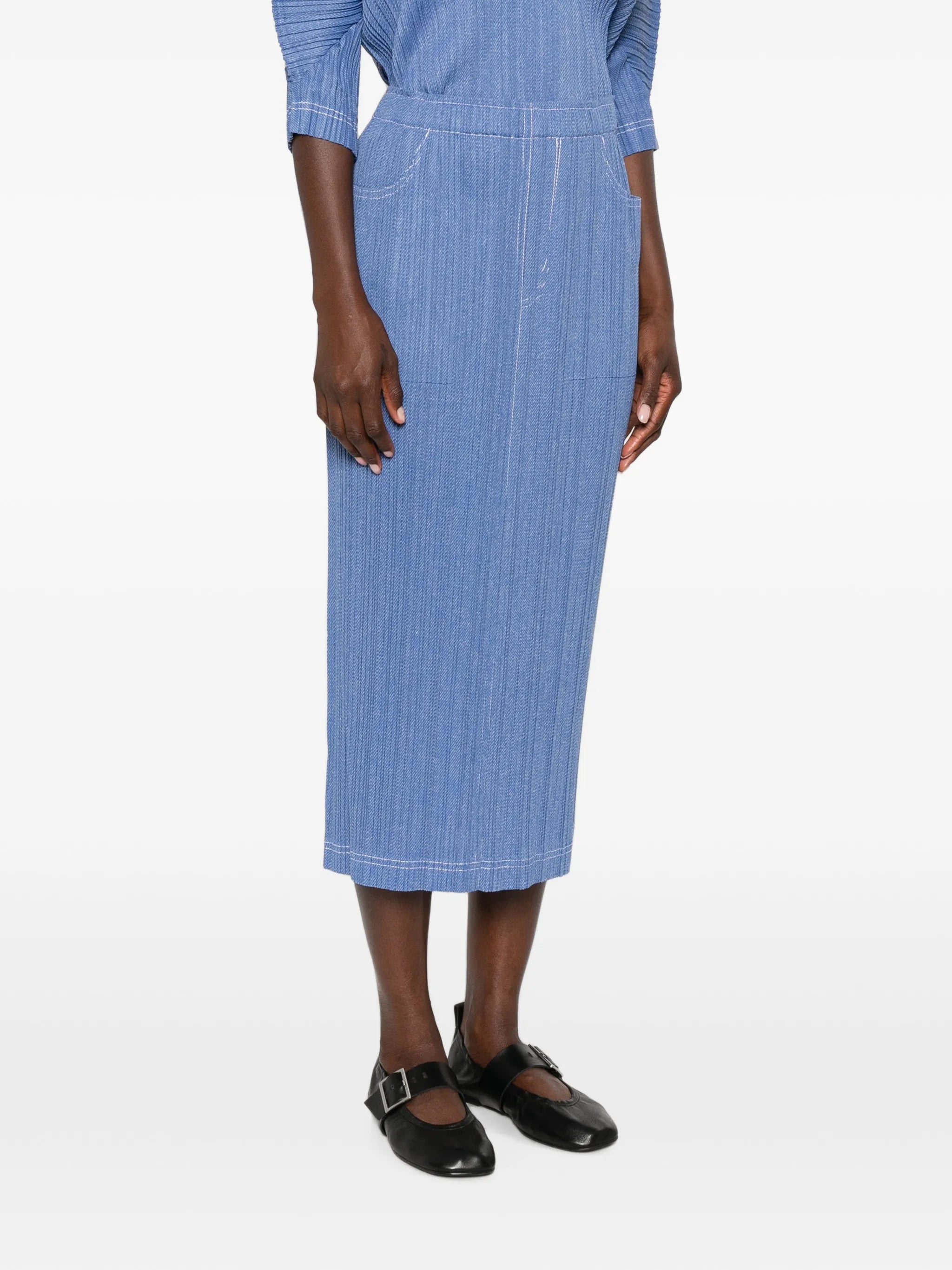 pleated denim midi skirt