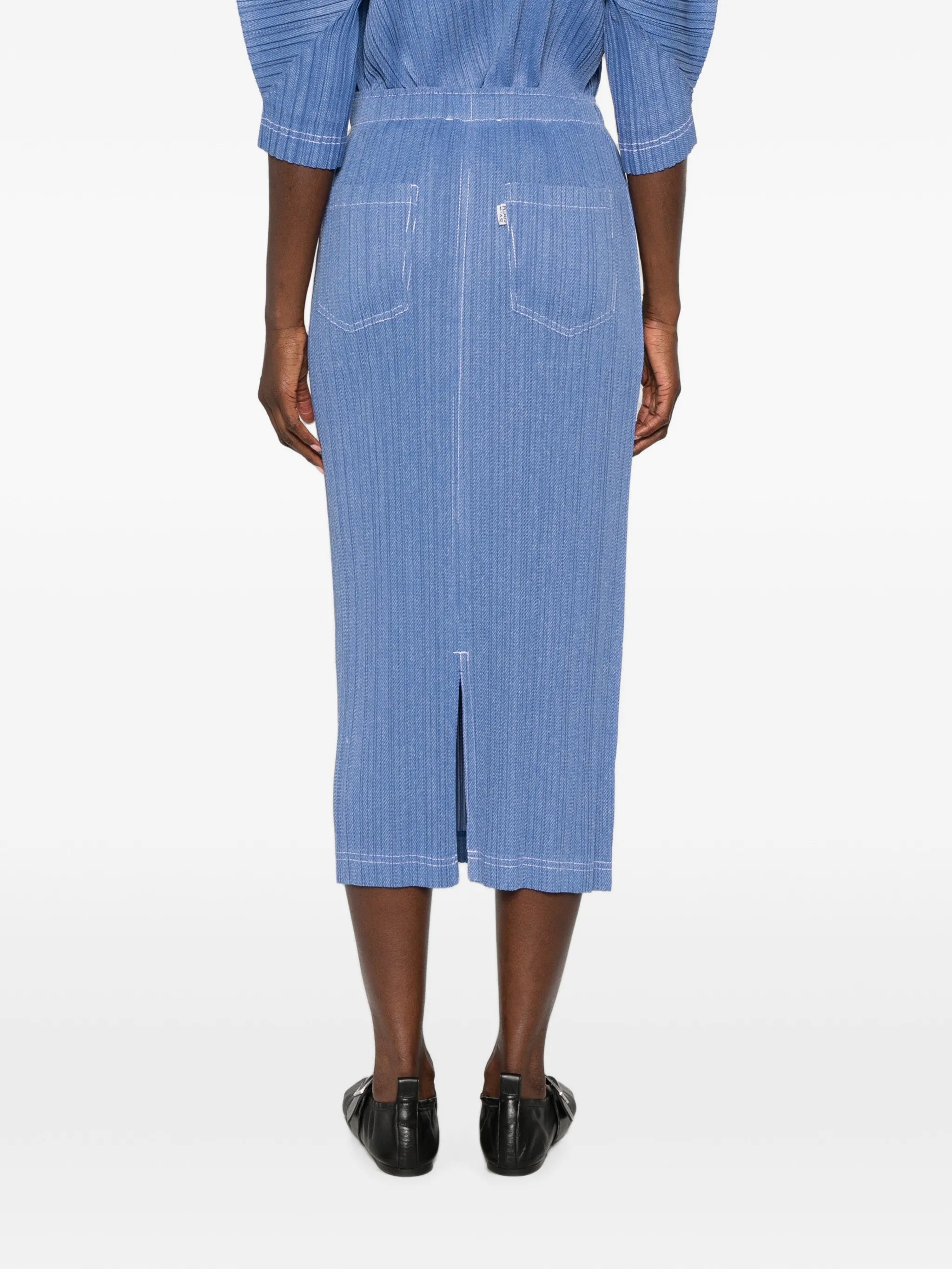 pleated denim midi skirt