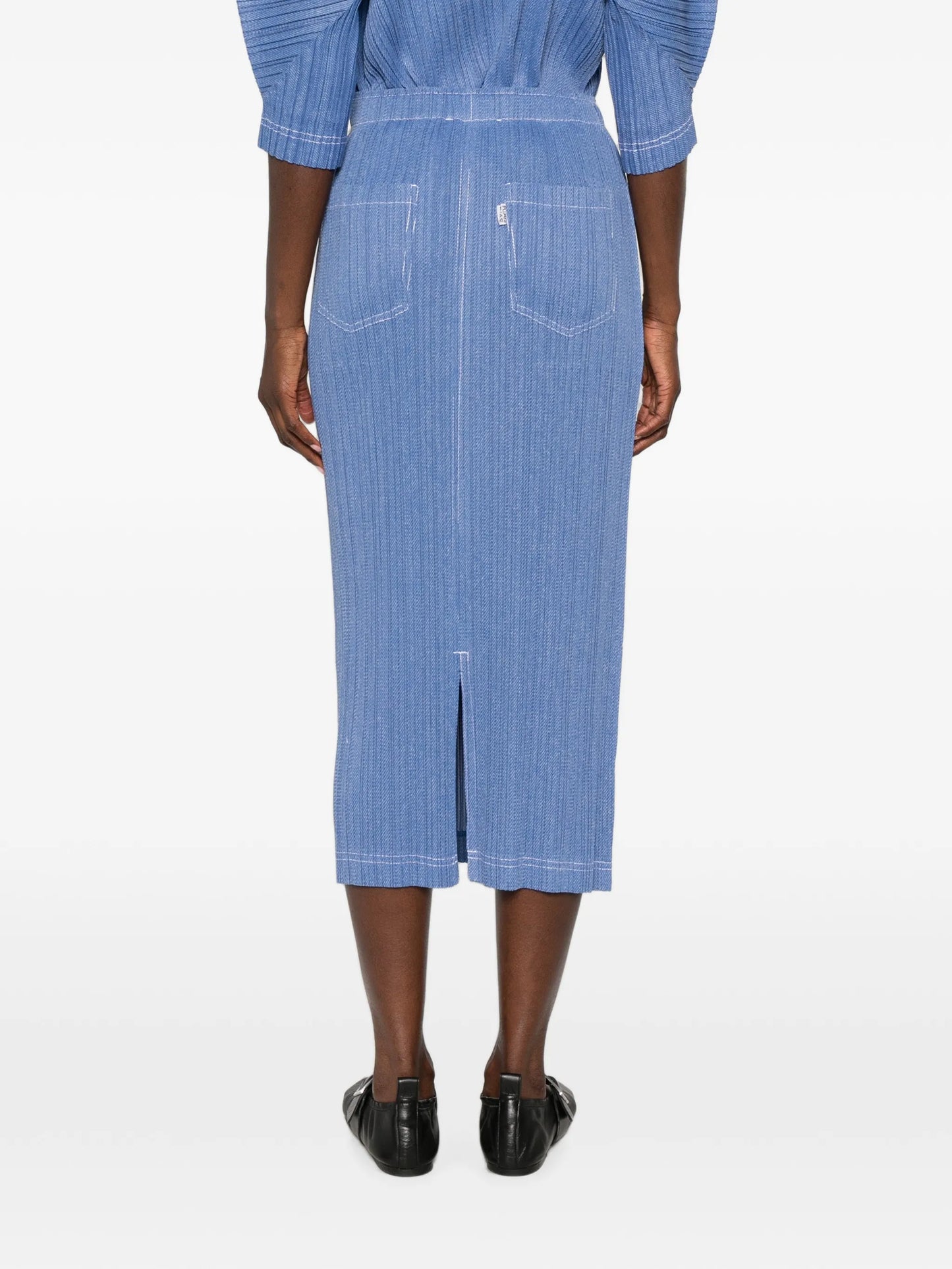 pleated denim midi skirt